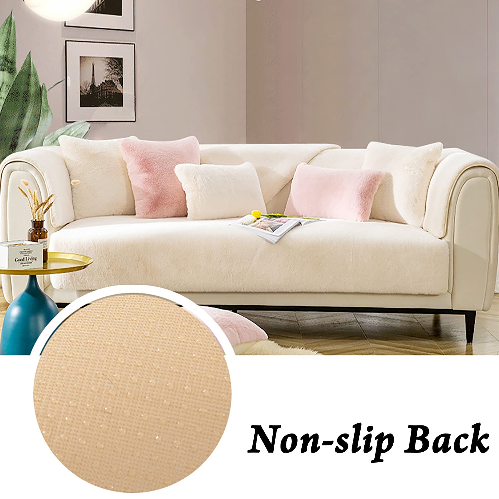 Soft Faux Fur Plush Sofa Cover for 3-Cushion Sectional Couch, Thick Pet-Friendly Slipcover Protector (90x210cm, White) - Perfect for Living Room, Family Room & Pet Furniture Protection