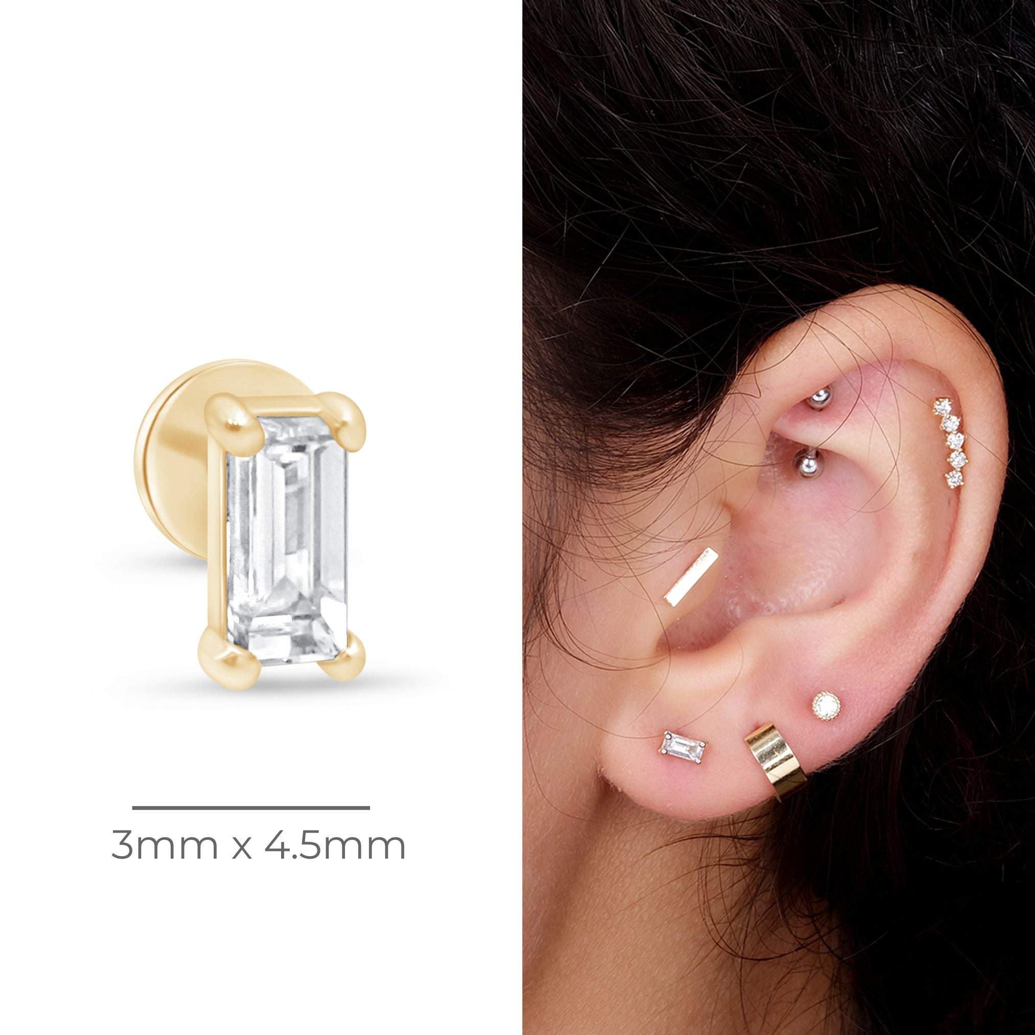 14K Solid Yellow Gold Diamond Baguette Flat Back Stud Earrings for Women - Perfect for Everyday Wear, Parties & Special Occasions