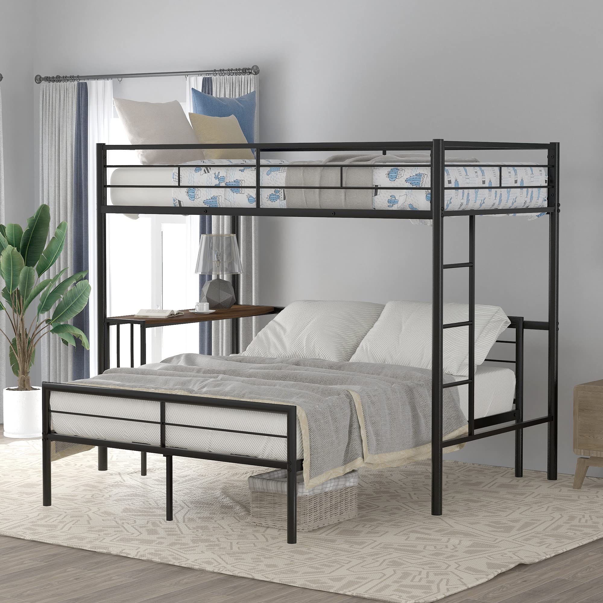 Harper & Bright Designs Twin Over Full Metal Bunk Bed with Built-in Desk, Full Length Guardrail & Ladder - Space Saving Loft Bed with Platform - Black - Perfect for Kids Rooms, Guest Rooms & Small Apartments