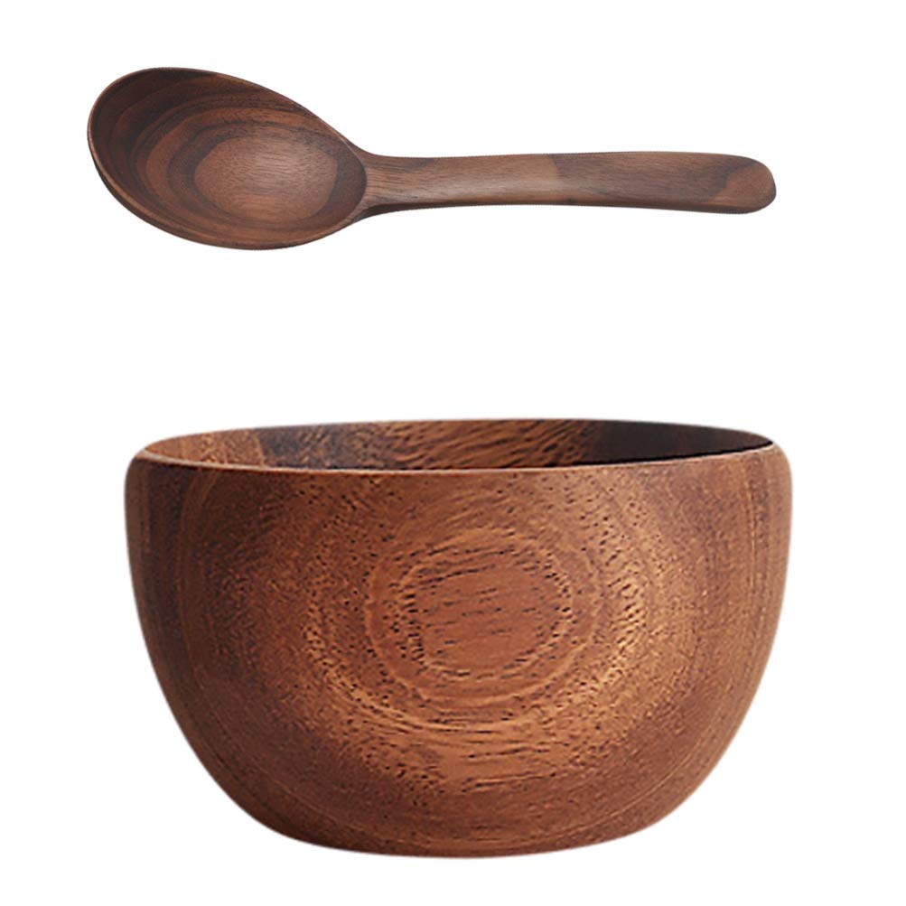 Cabilock 2-Piece Wooden Bowl Set with Spoon - Small Noodle & Snack Bowl for Fruits, Salad, Desserts | Eco-Friendly Dinnerware for Kitchen, Picnic, Camping & Home Decor