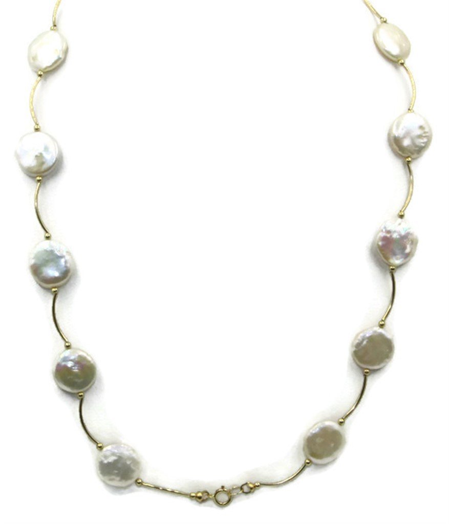 12mm Freshwater White Pearl Necklace with 14k Yellow Gold Spacers - 18 Inch Elegant Jewelry for Women, Perfect for Weddings, Parties & Special Occasions