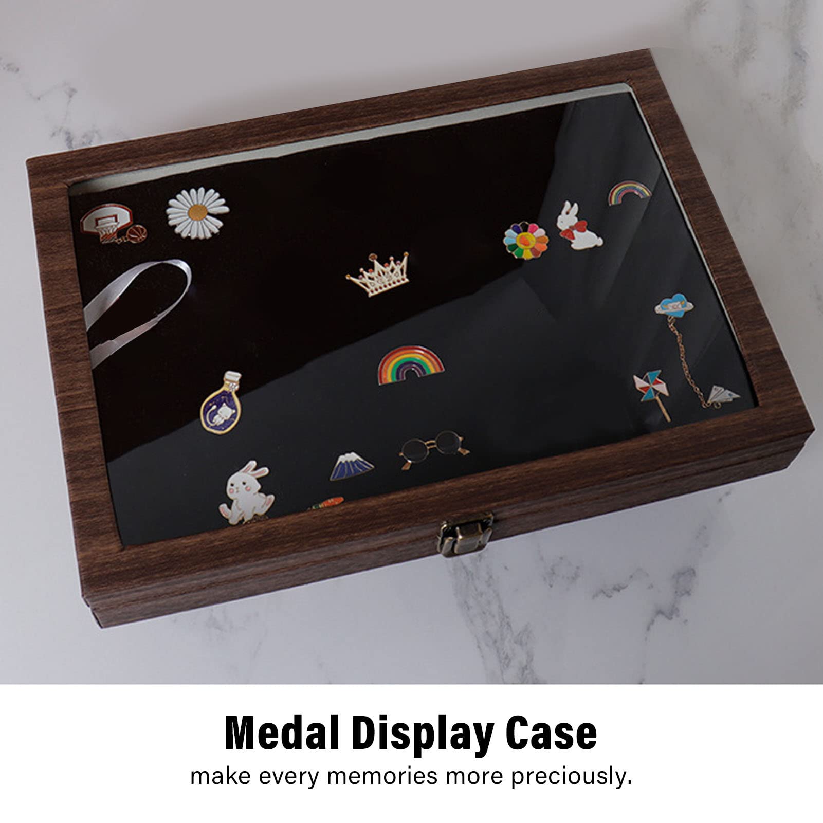 Premium PU Leather Shadow Box Display Case for Jewelry, Badges, Medals & Coins - Elegant Black Collector's Storage Box with Glass Front - Perfect for Showcasing Pins, Military Insignia, Awards & Memorabilia (Home Decor, Office Display, Gift Presentation)