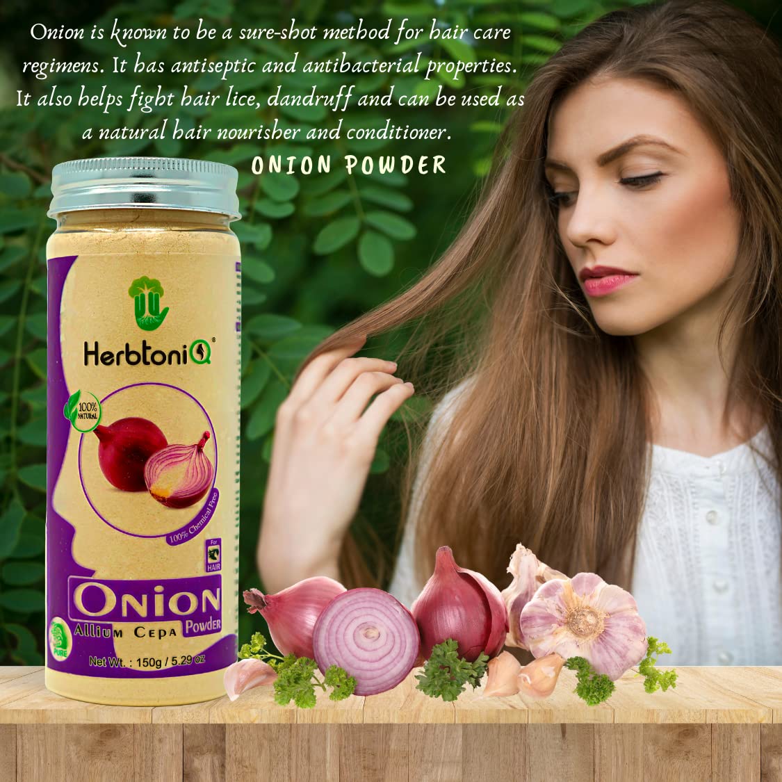 HerbtoniQ 100% Natural Onion Powder for Dandruff & Hair Fall Control - Hair Growth Treatment & Scalp Care (300g, Pack of 2) - Perfect for DIY Hair Masks, Shampoo Booster & Natural Hair Regimen