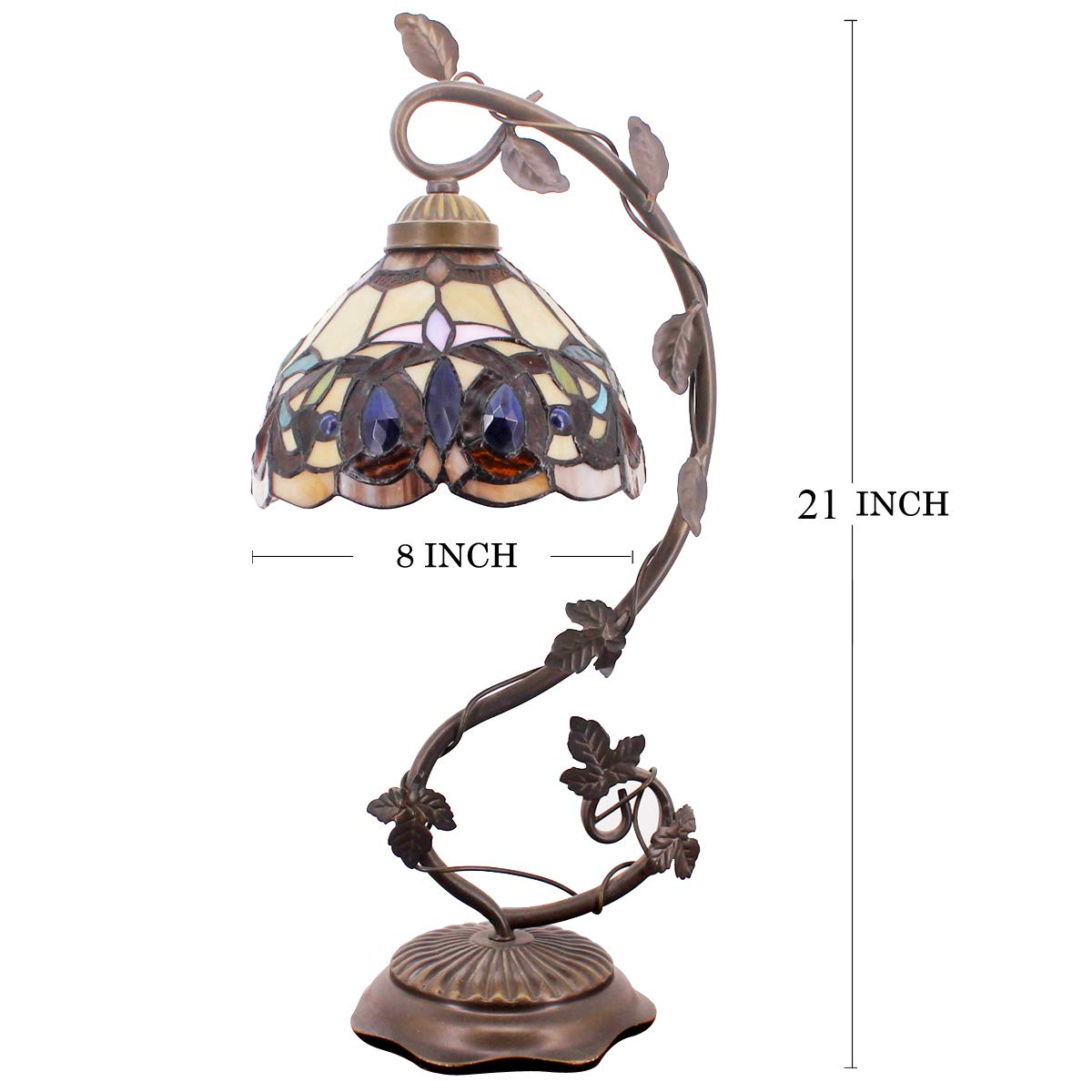 WERFACTORY Tiffany Style Stained Glass Table Lamp - Victorian Metal Leaf Base (8x10x21 Inches) - Desk Reading Light for Bedroom, Home Office & Small Spaces - Perfect for Study, Living Room & Nightstand Decor - S021 Series
