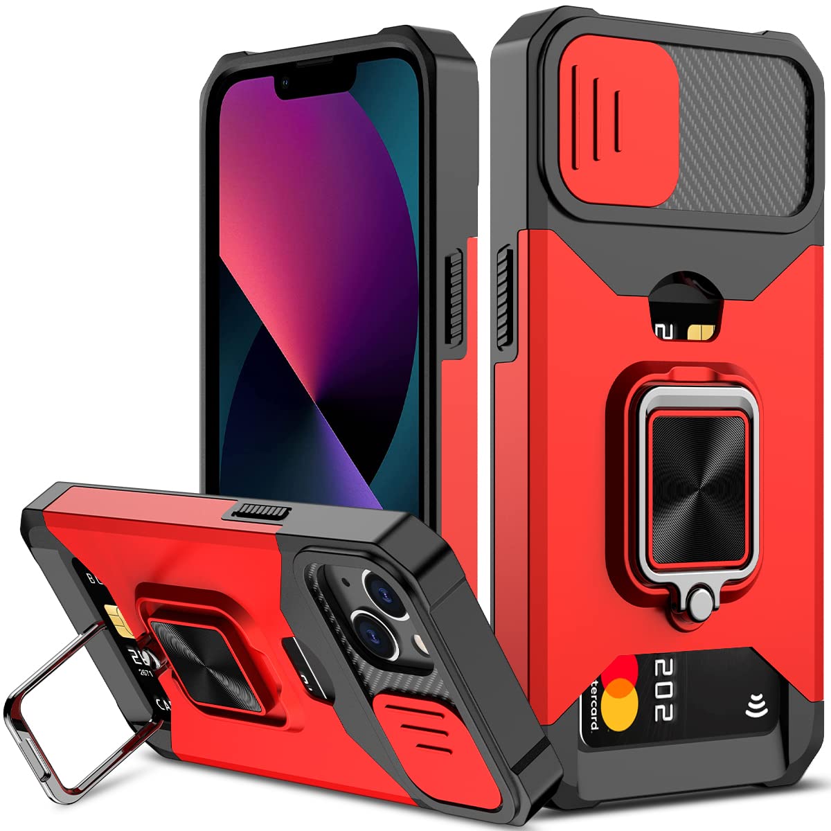Heavy Duty Protective iPhone 13 Case with Sliding Camera Cover, Card Holder & Magnetic Kickstand - 6.1 Inch Shockproof Phone Cover (Red) - Perfect for Outdoor Activities, Travel & Daily Protection