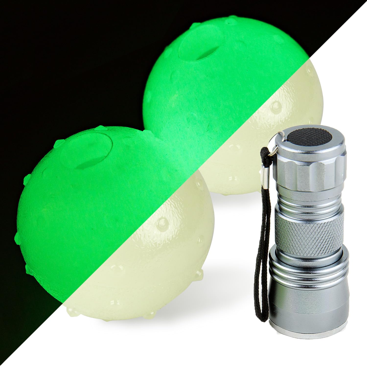Glow in The Dark Dog Balls - 2 Pack LED Light Up Fetch Toys for Large & Small Dogs with 21 LED UV Flashlight for Night Play - Perfect for Backyard, Park & Beach Outdoor Activities (2.5 Inch)