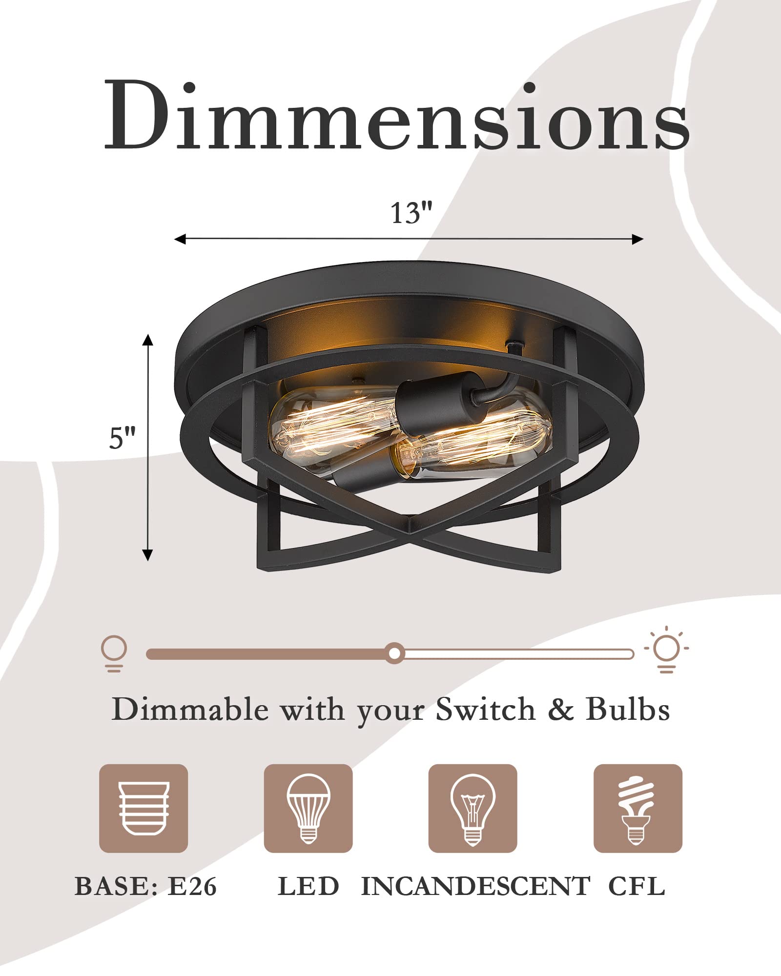 FEMILA 2-Light Farmhouse Flush Mount Ceiling Light Fixture - 13 Inch Black Finish for Hallway, Foyer, Bedroom, Kitchen & Dining Room - Vintage Style Indoor Lighting (Model 4FW01-F BK)