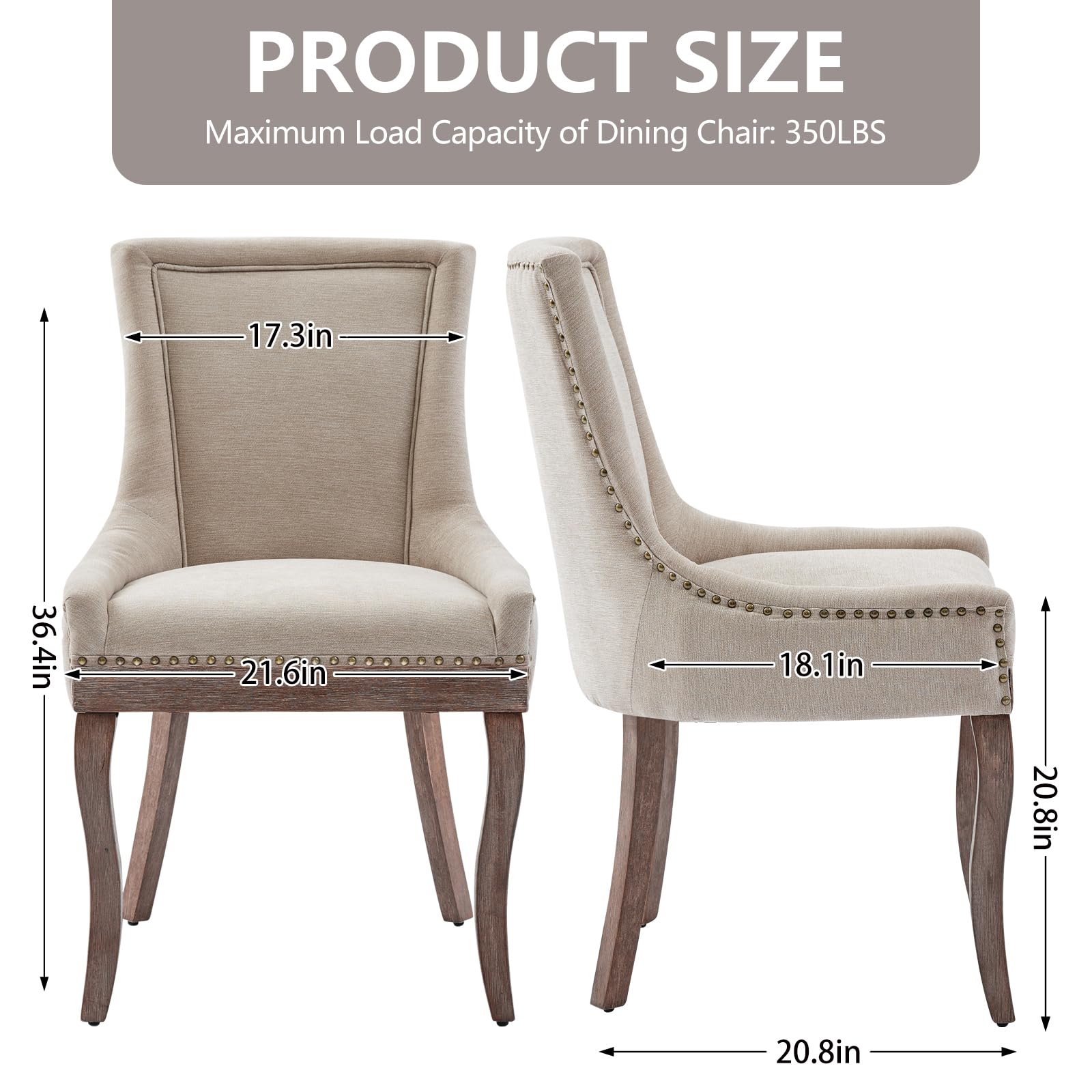 Modern Dining Chairs Set of 2 - High Back Upholstered Fabric Side Chairs with Solid Wood Legs for Dining Room & Kitchen - Comfortable Beige Seating for Family Meals, Dinner Parties & Home Decor