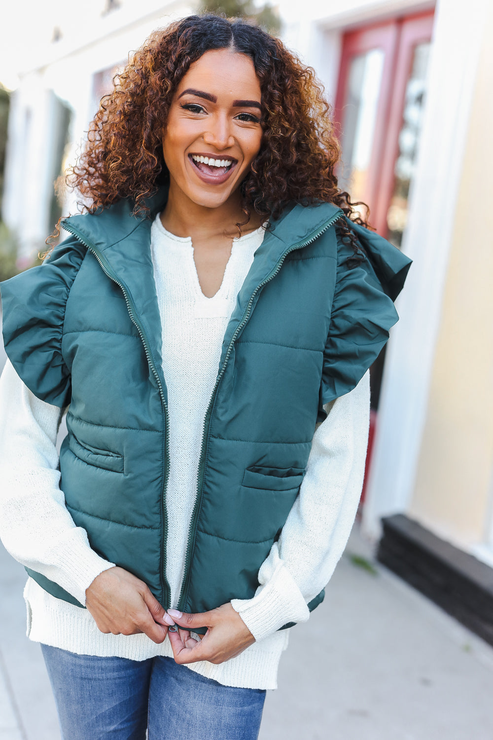 Stylish Hunter Green Quilted Puffer Vest with Ruffle Sleeves & Zipper - Perfect for Winter Fashion, Outdoor Activities & Holiday Outfits