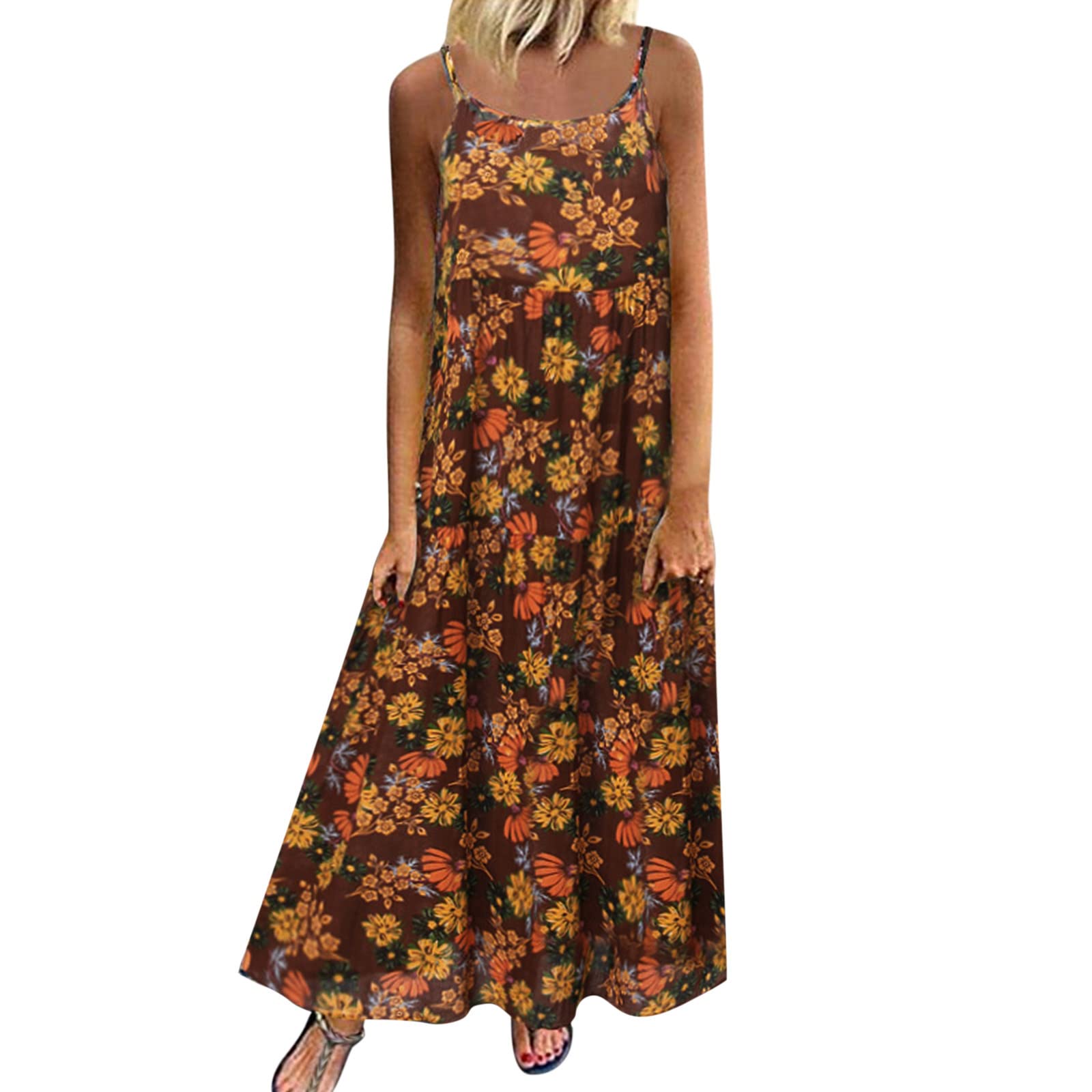 Women's Summer Casual Loose Bohemian Floral Maxi Dress - Spaghetti Strap Swing Sundress for Beach, Vacation & Outdoor Parties