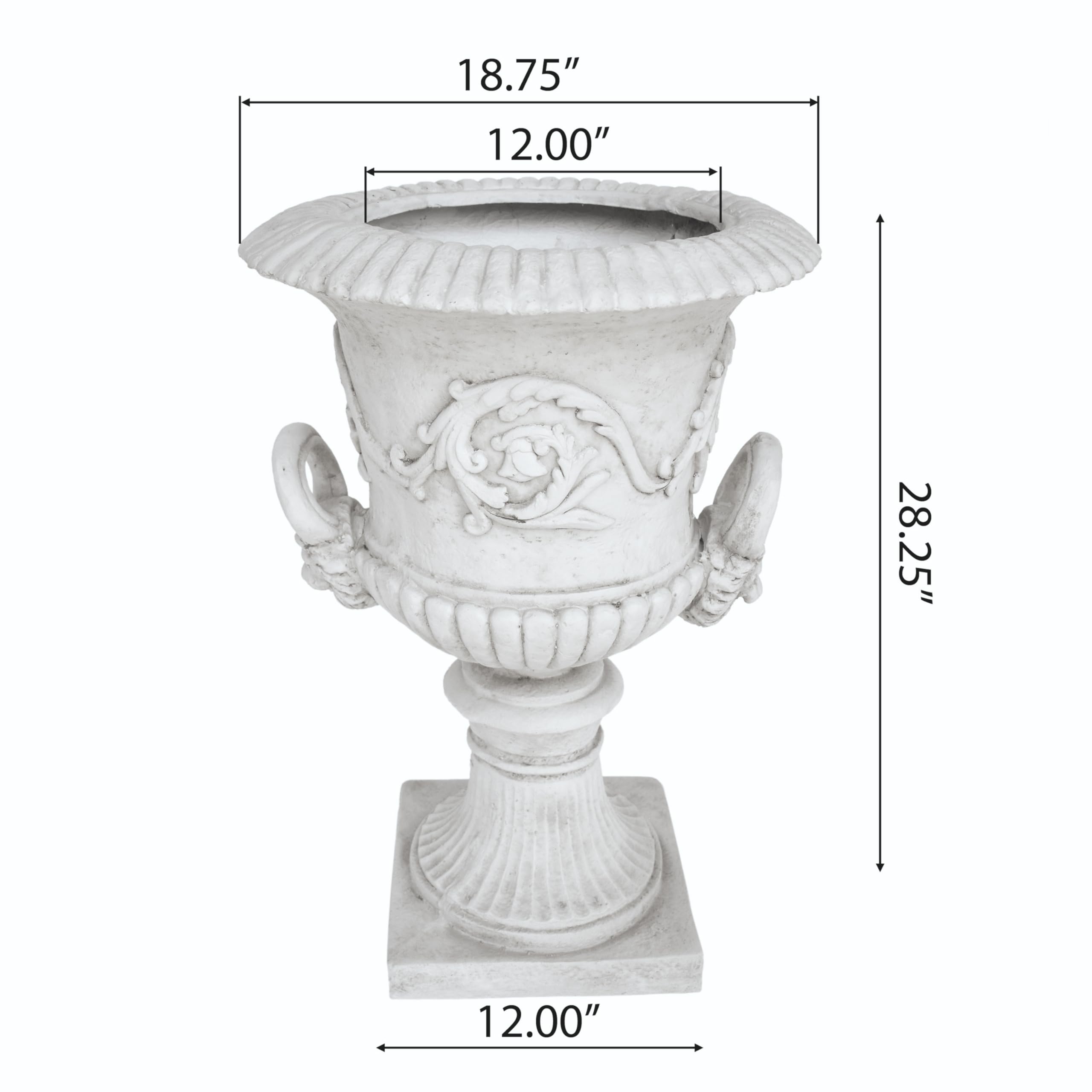 Christopher Knight Home Adonis Traditional Roman Chalice Garden Urn Planter with Lion & Floral Accents - Antique White Outdoor Decor for Patio, Garden, and Porch