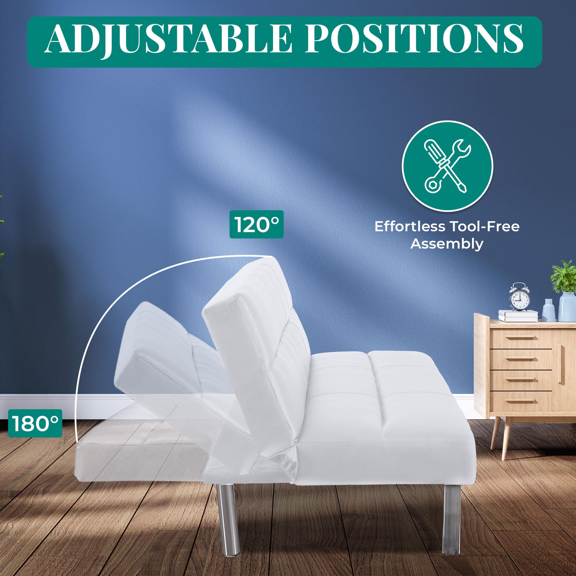 Naomi Home Faux Leather Convertible Futon Sofa Bed - Modern Folding Reclining Couch with Chrome Legs for Small Spaces | Perfect for Bedroom, Living Room, Studio Apartment & Guest Room (White)