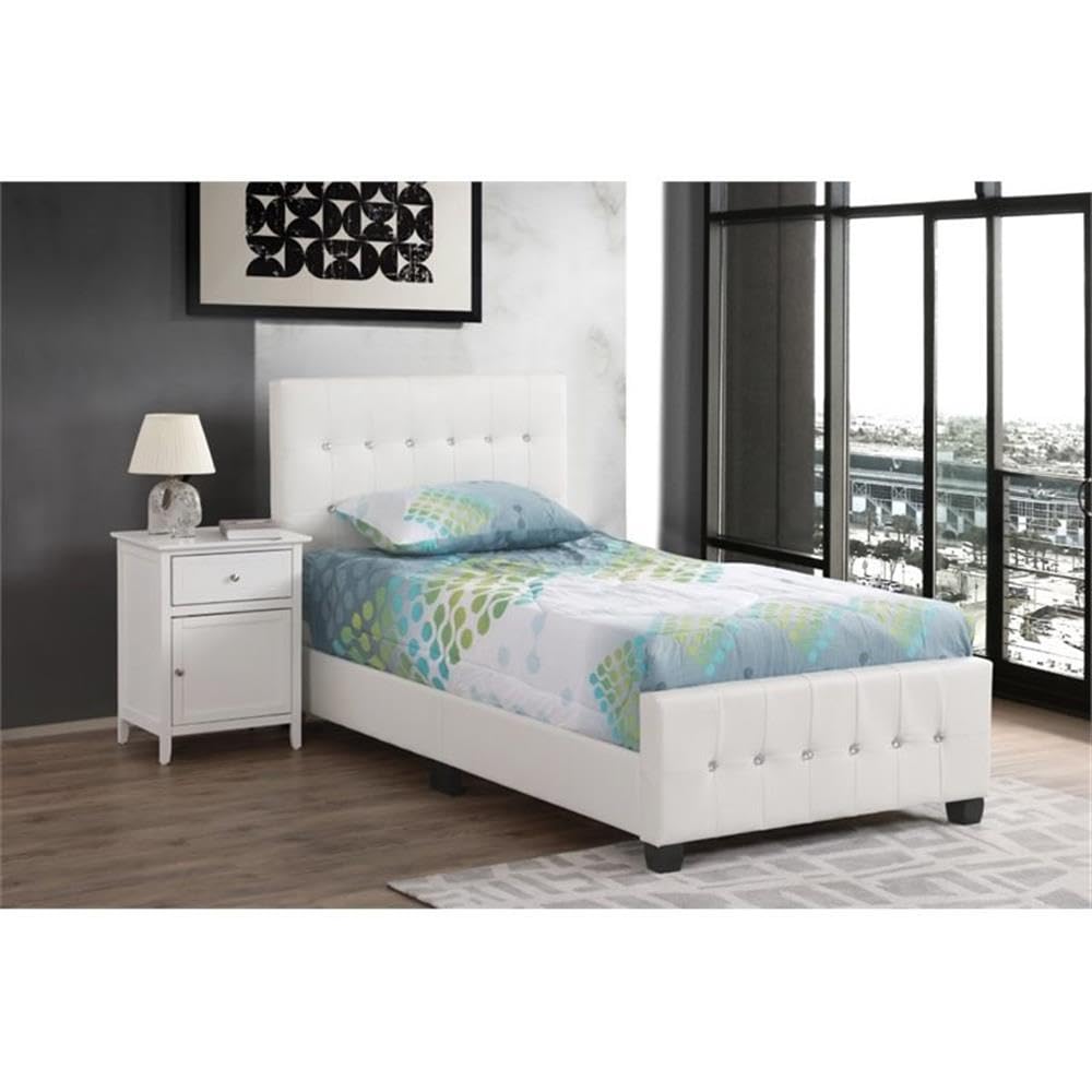 Glory Furniture White Diamond Faux Leather Upholstered Twin Bed Frame - Modern Luxury Bedroom Furniture for Kids, Teens & Guest Rooms | Perfect for Small Spaces & Dorm Decor