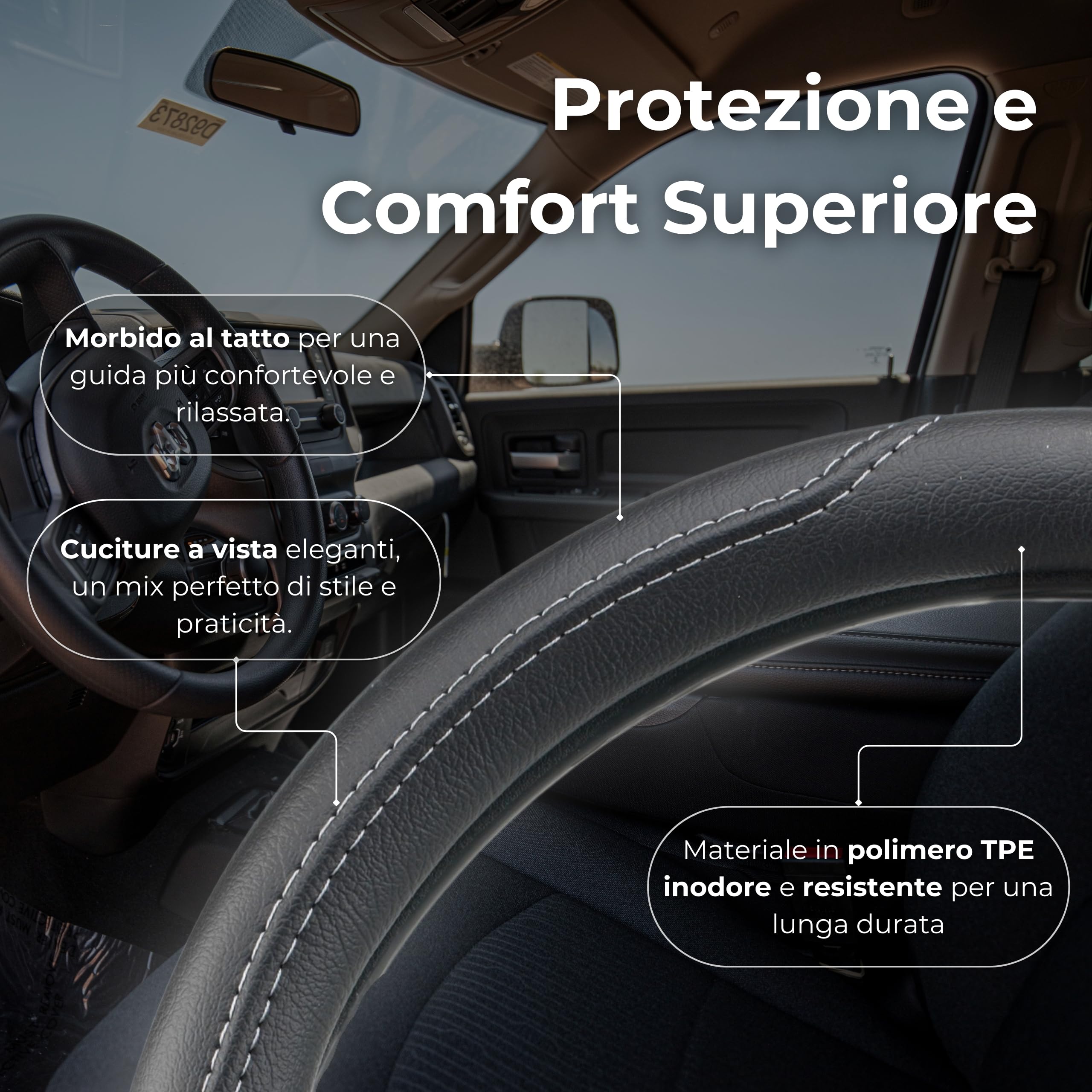Bottari 16344 Universal Car Cover for Large Vehicles - Fits 16 Inch (39-41 cm) Steering Wheels | Black with Grey Embroidery | Odor-Free | Perfect for Outdoor Parking & Vehicle Protection