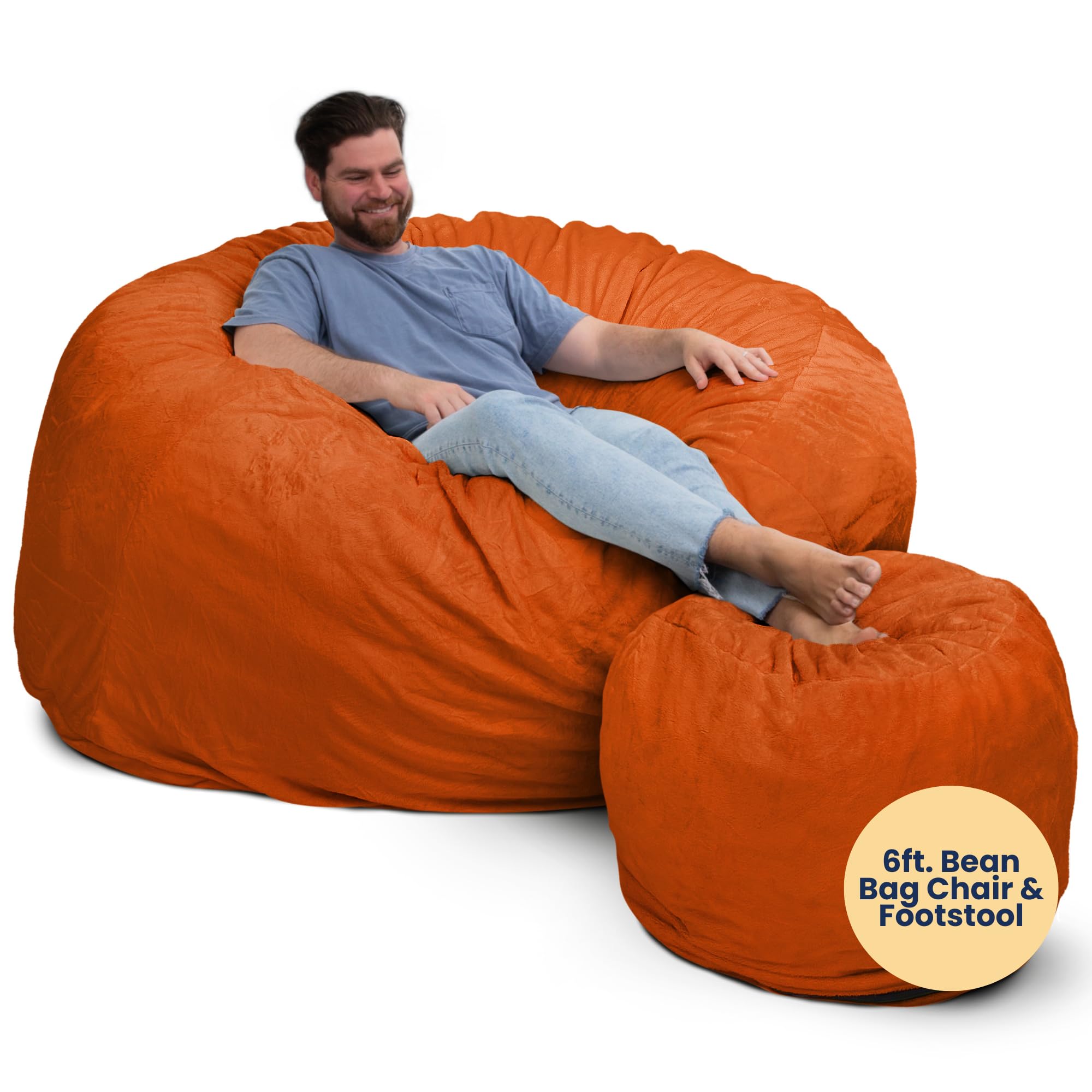 Ultimate Sack 6ft Oversized Bean Bag Chair & Footstool for Adults - Super Comfy Lounge Sofa, Loveseat & Furniture with Orange Fur | Perfect for Living Room, Game Room & Dorm Relaxation