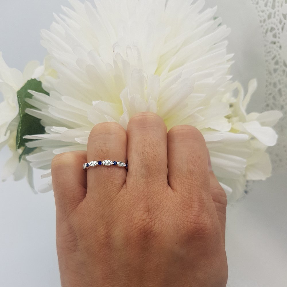 10K Solid Gold Round Blue Sapphire & White Diamond Women's Wedding Eternity Band Stackable Ring - Perfect for Bridal Jewelry, Anniversary Gifts, and Everyday Elegant Stacking