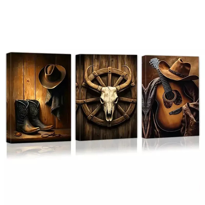 3-Piece Western Cowboy Themed Horse Guitar & Skull Wall Art Set - Framed Canvas 50x70cm - High Quality Print - 100% Australian Made - Ready to Hang - Perfect for Western Home Decor, Cowboy Bar, Ranch or Man Cave Wall Art