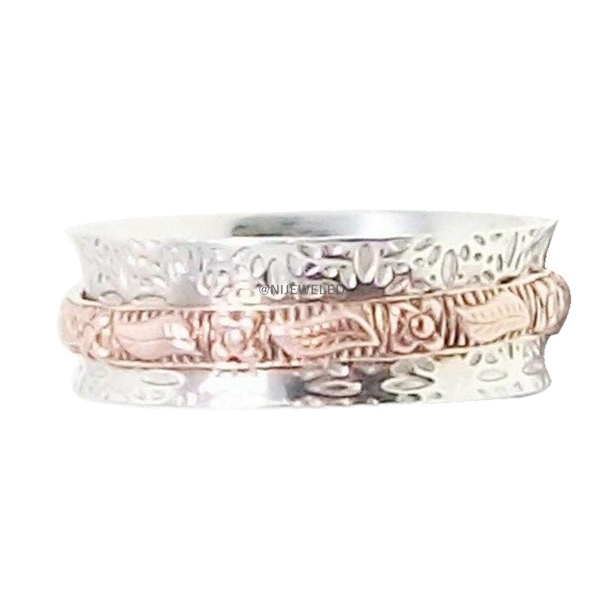 Stylish Unisex 925 Sterling Silver Two-Tone Spinner Ring - Vintage Anxiety Relief Band for Men & Women | Perfect Christmas Gift, Anniversary Present or Everyday Wear Jewelry
