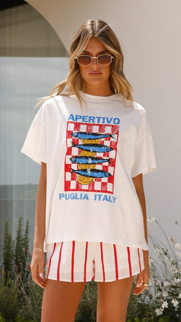 Italian Summer Outfit Set - Women's White & Red Top and Shorts for Beach, Vacation, and Casual Wear