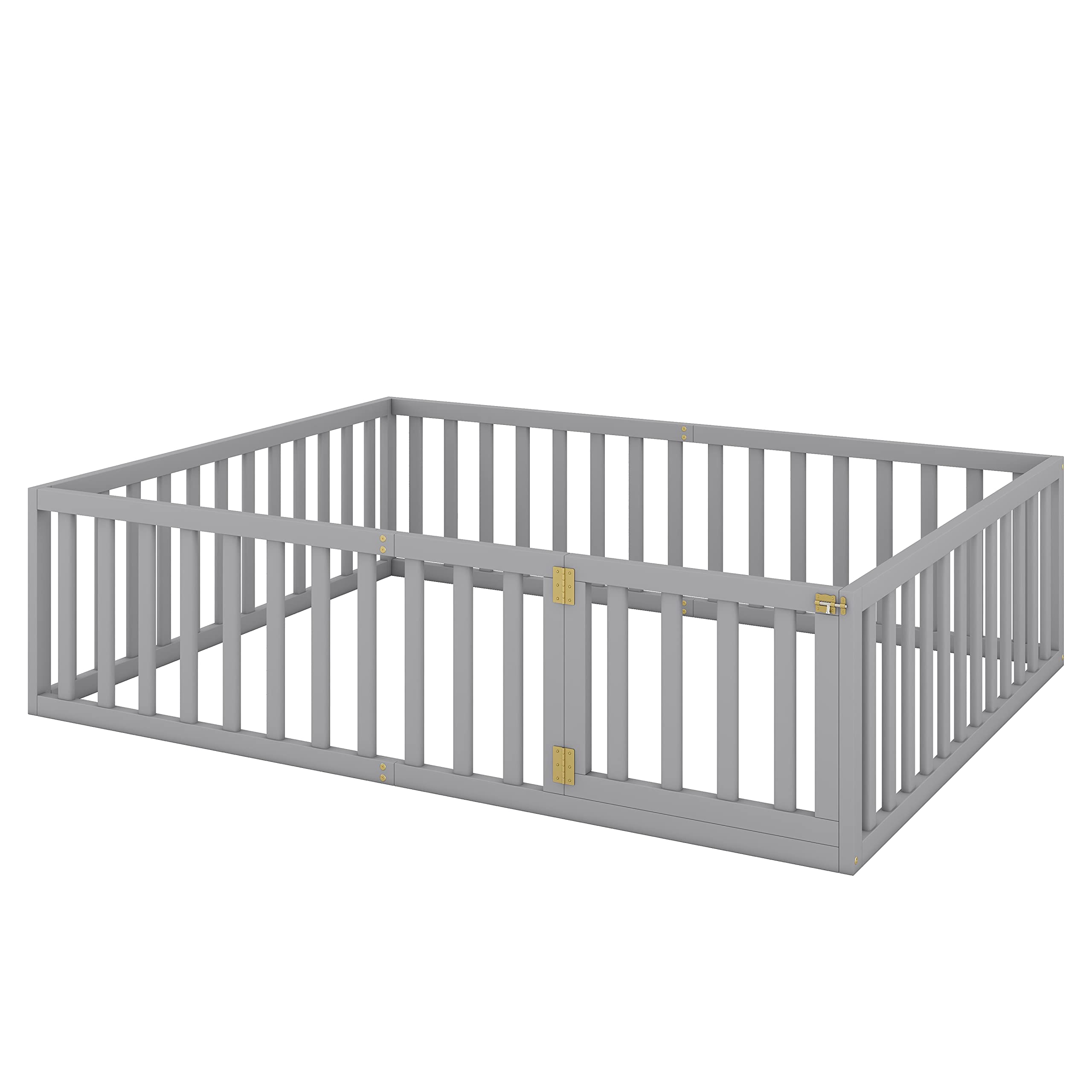 Harper & Bright Designs Queen Size Montessori Floor Bed with Safety Fence - Solid Wood Platform Bed Frame for Kids, Boys & Girls - Gray - Perfect for Child's Room, Playroom & Montessori Learning Spaces
