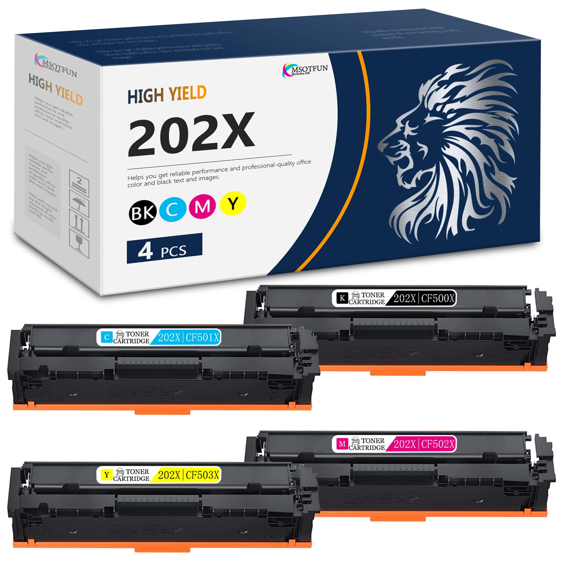 MSOTFUN 202X Compatible Toner Cartridge Replacement (4-Pack: 1BK+1C+1M+1Y) for HP 202X CF500X CF501X CF502X CF503X | Works with HP Color Pro MFP M280nw M281fdn M281fdw M281cdw M254nw Printers | High-Quality Printing for Office & Home Use