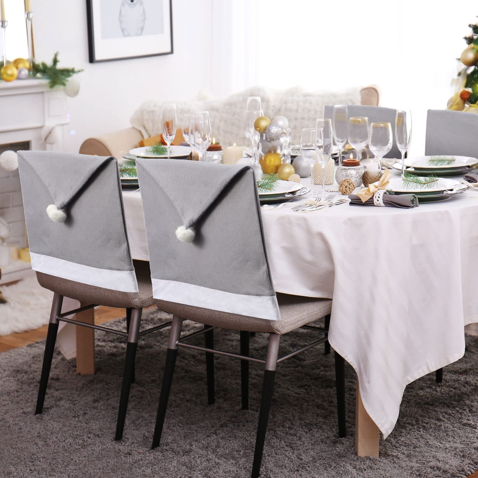 Tatuo 4-Piece Christmas Chair Covers Set - Santa Hat & Snowflake Holiday Dining Chair Slipcovers for Kitchen, Party & Festive Decor (Grey) | Perfect for Christmas Dinner, Home Decor & Holiday Gatherings