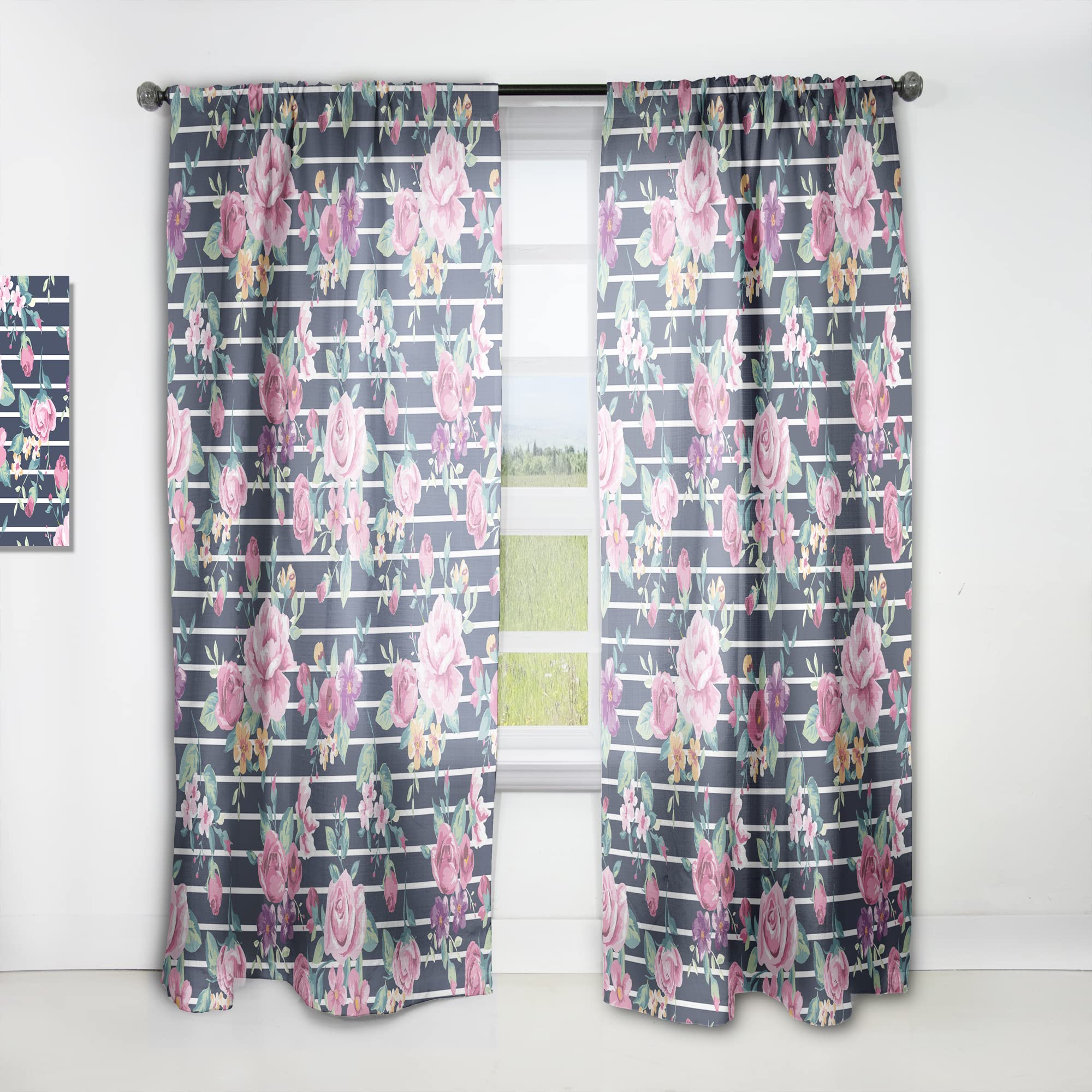 DesignQ Pink & Purple Floral Striped Curtains - Thermal Insulated Single Panel (52x120 Inches) for Bedroom & Living Room - Light Filtering Window Drapes for Home Decor & Privacy