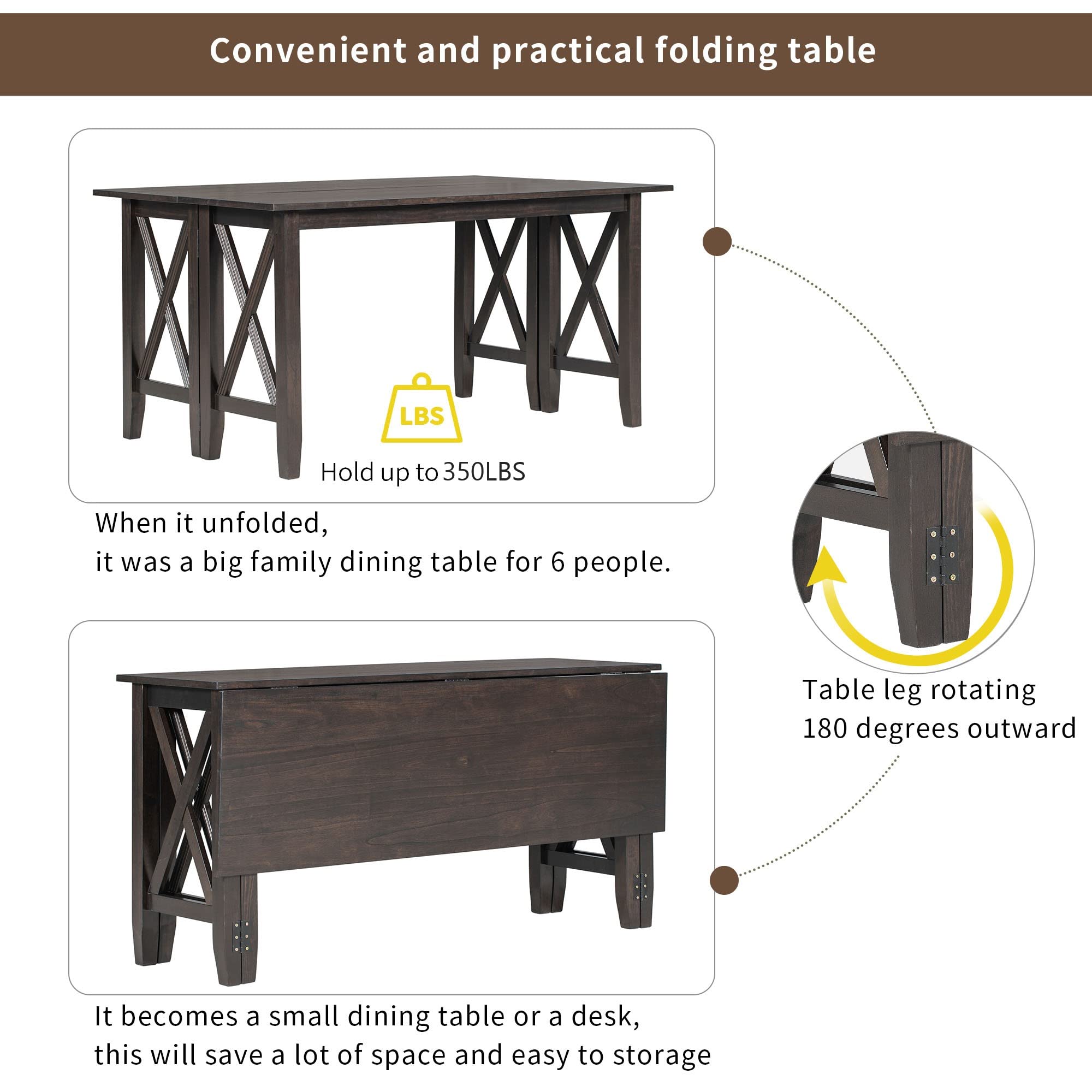 Harper & Bright Designs 6-Piece Rustic Dining Table Set - Wood Folding Dinette Table with 4 Upholstered Chairs & Bench, Espresso Finish - Perfect for Small Kitchen, Breakfast Nook or Apartment Dining Space (Seats 6)