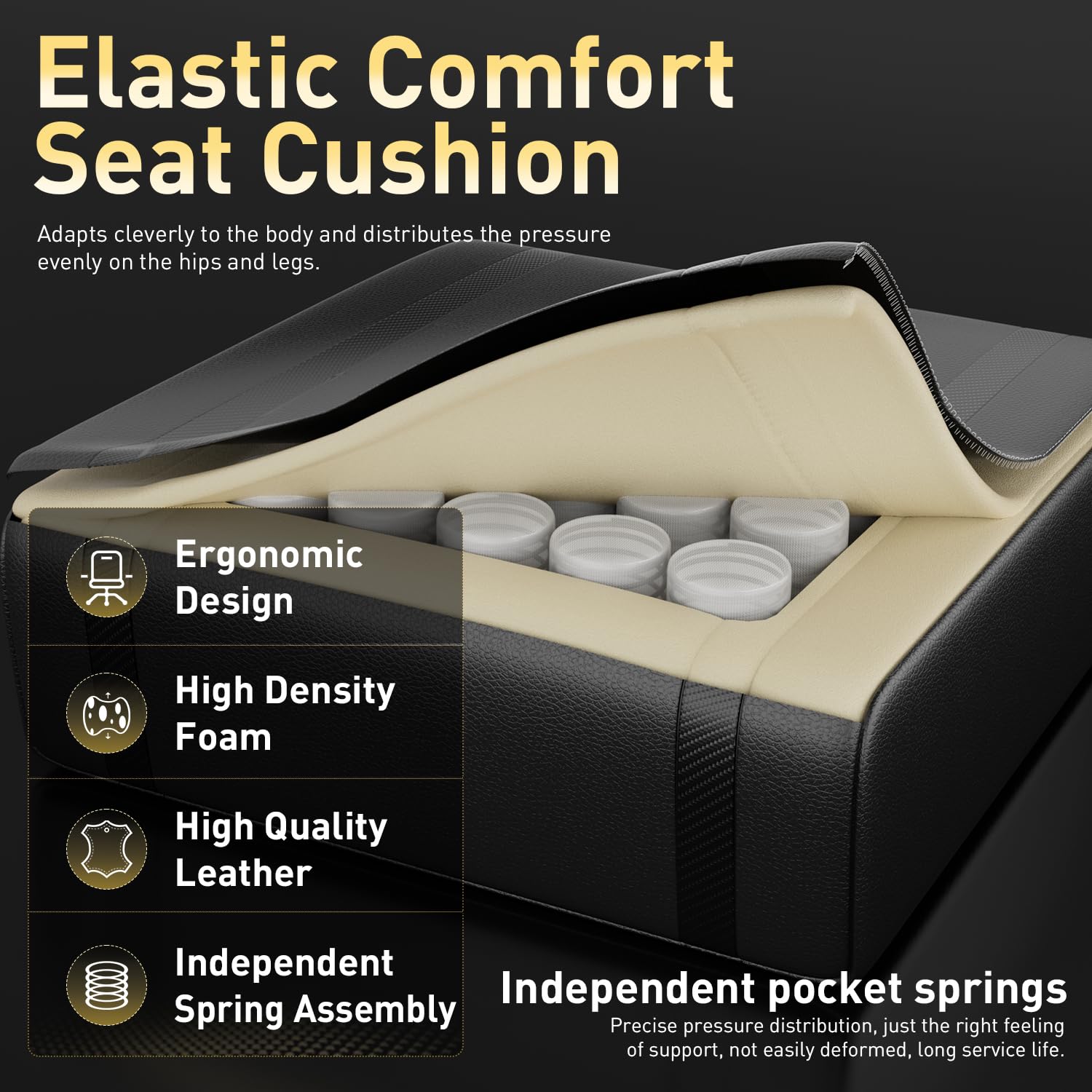 HLDIRECT Ergonomic Gaming Chair with Pocket Spring Cushion - PU Leather Office Chair with Headrest & Lumbar Support - Black Computer Chair for Adults - Perfect for Esports, Streaming & Home Office Workspaces