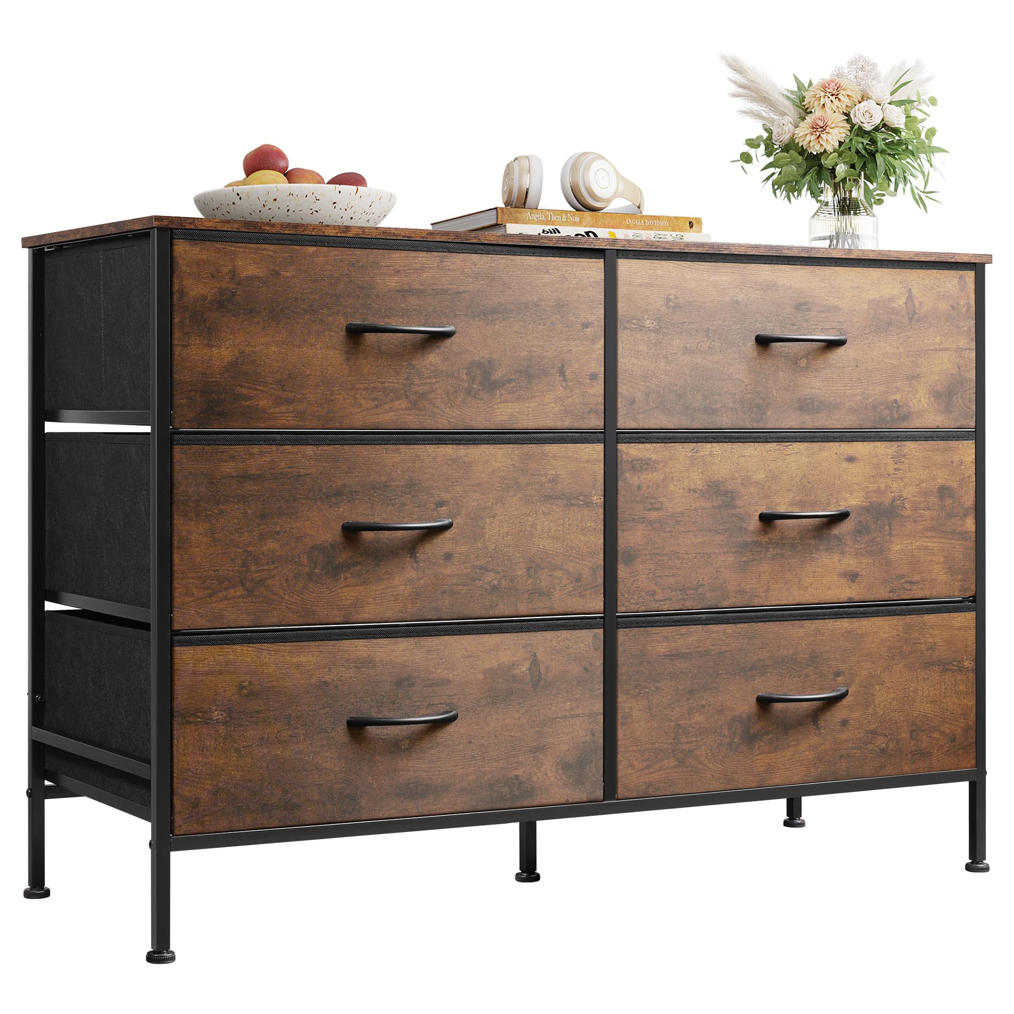 6-Drawer Fabric Dresser with Wooden Top - TV Stand for 50