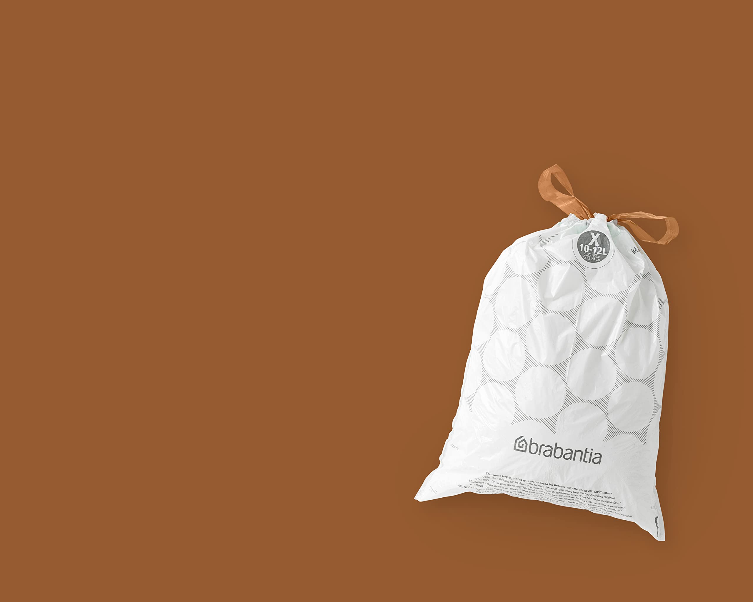 Brabantia PerfectFit Trash Bags - 200 Count Drawstring Kitchen Trash Can Liners (2.6-3.2 Gallon) - Thick Plastic Garbage Bags for Home, Office & Bathroom Waste Disposal