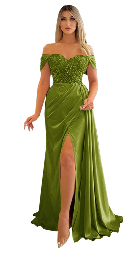 Elegant Mermaid Slit Prom Dresses 2024 | Off Shoulder Beaded Bridesmaid Gowns | Women's Formal Evening Party Dresses for Homecoming, Wedding & Special Occasions
