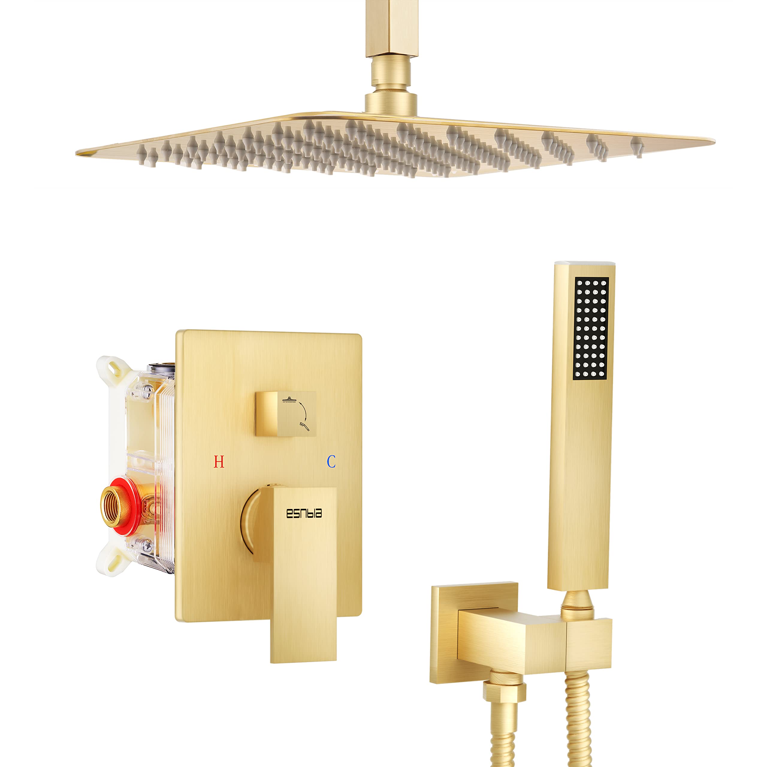 ESNBIA Luxury 12 Inch Rain Shower Head with Handheld Combo - High Pressure Ceiling Mount Dual Shower System - Brushed Gold Shower Faucet Set with Valve and Trim - Perfect for Spa-Like Bathroom Experience and Modern Home Upgrade