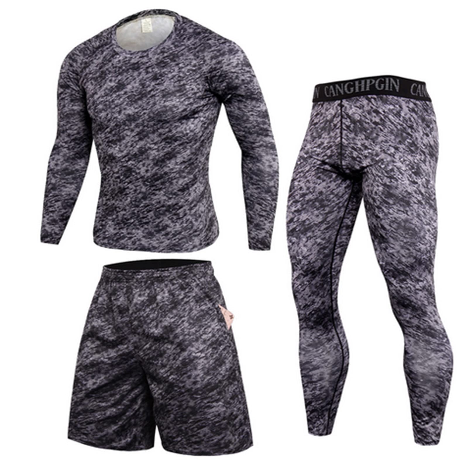 3Pcs Men's Compression Workout Set - Long Sleeve Shirt, Pants & Shorts - Moisture Wicking Fitness Sports Jersey Tops & Bottom for Gym, Running & Training