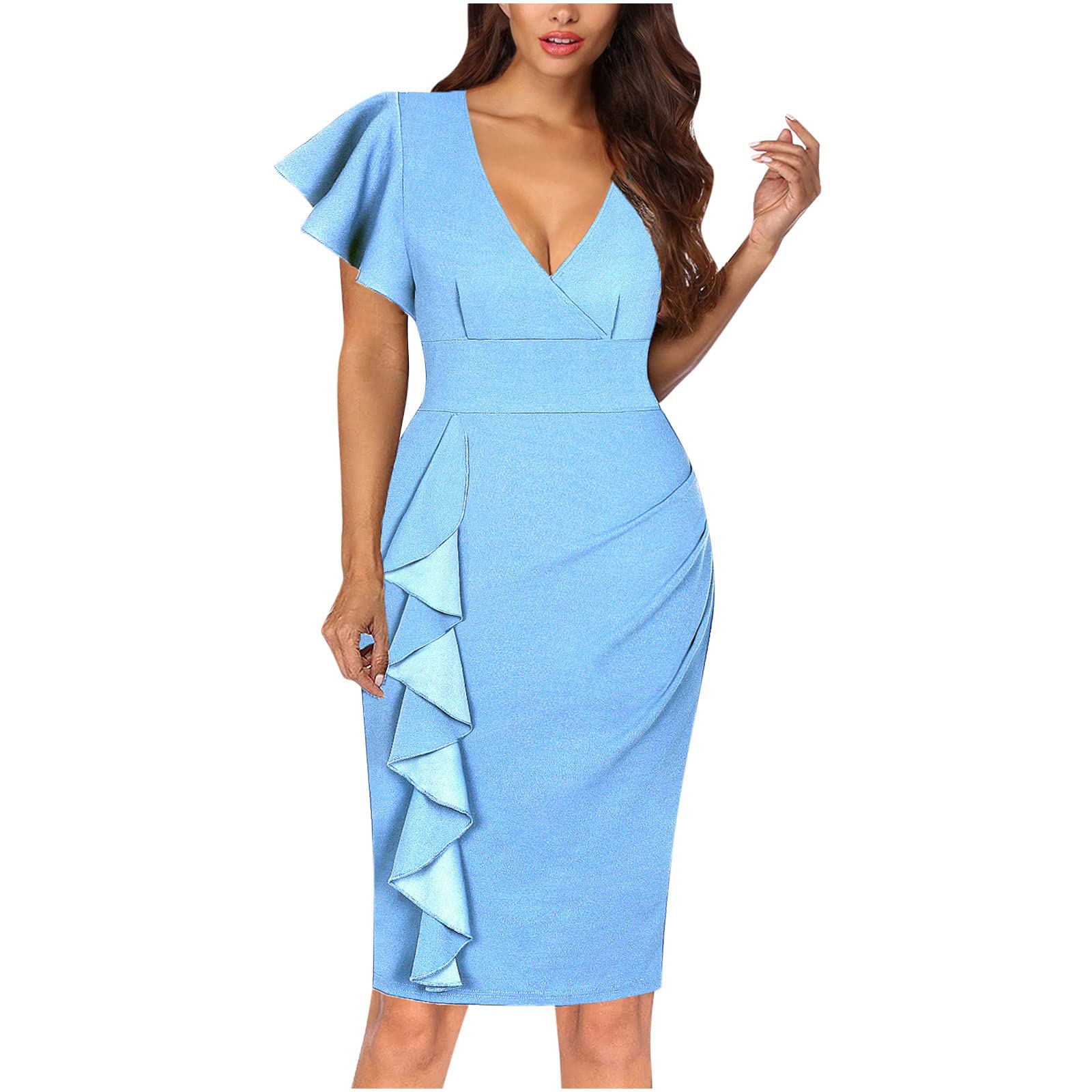 Elegant Women's Ruffle Sleeve V-Neck Maxi Dress for Wedding Guest, Cocktail Party & Evening Events | Flowy Solid Color Formal Dress for Special Occasions