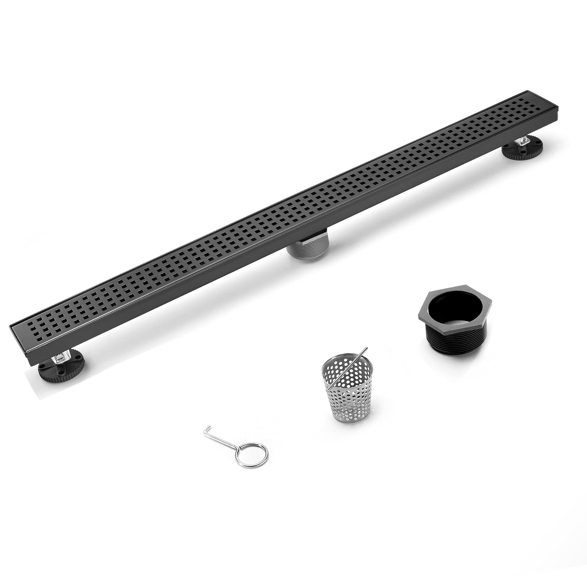 HEATGENE 36-Inch Linear Shower Drain - Stainless Steel Rectangle Shower Floor Drain with Removable Quadrato Pattern Grate & Hair Strainer - Matte Black - Perfect for Modern Bathroom & Wet Room Designs