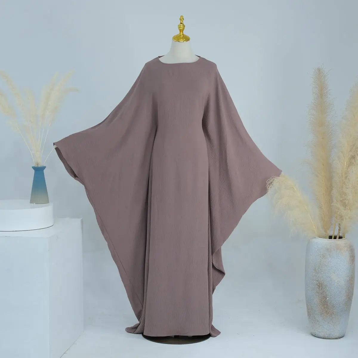 Wrinkle-Free Fabric Batwing Sleeve Farasha Abaya Dress with Inner Belt - Elegant Muslim Women's Prayer Dress for Special Occasions & Daily Wear