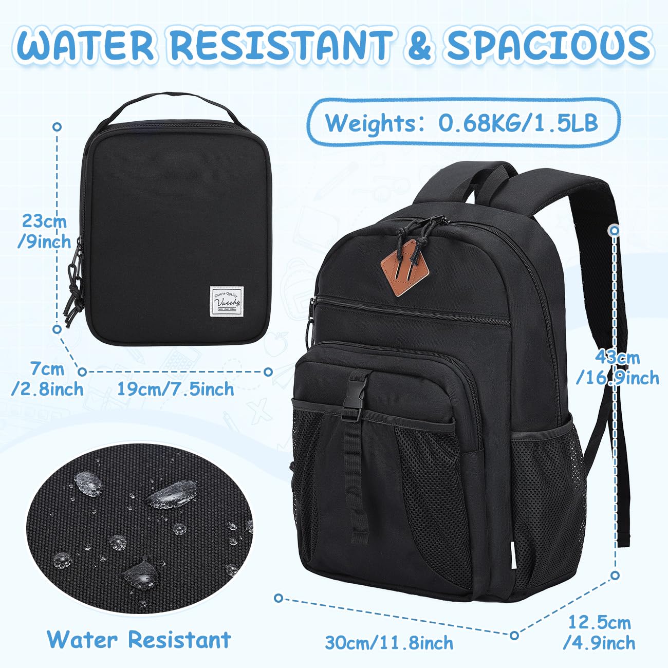 VASCHY Kids Backpack with Insulated Lunch Box Set - School Bookbag for Toddlers, Preschool, Daycare, Kindergarten & Elementary Students | Black | Perfect for School, Travel & Outdoor Activities