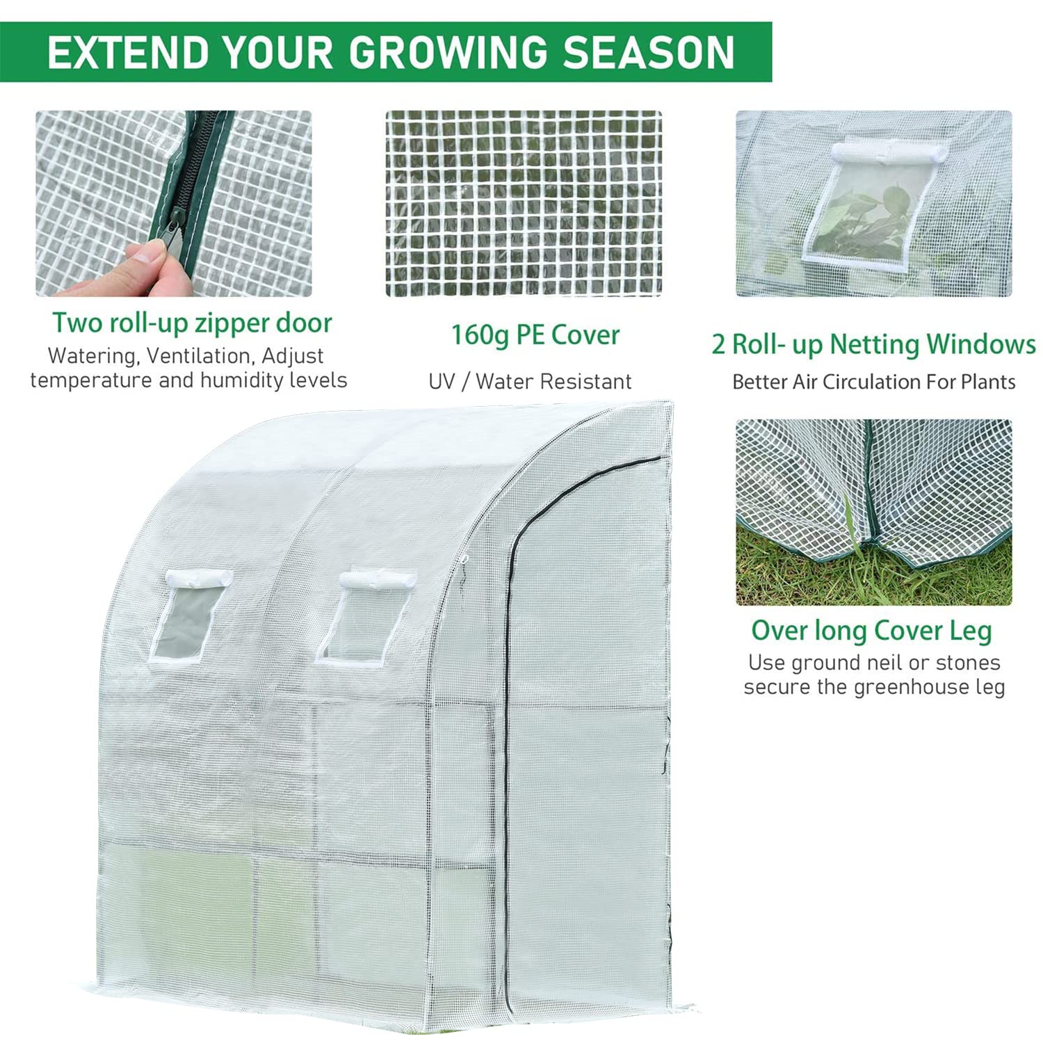 Aoodor 6.7ft x 3.3ft x 7.2ft Walk-in Lean-to Wall Greenhouse - UV Protected & Water Resistant White Polycarbonate Panel with 2 Zipper Doors for Backyard, Patio & Urban Gardening