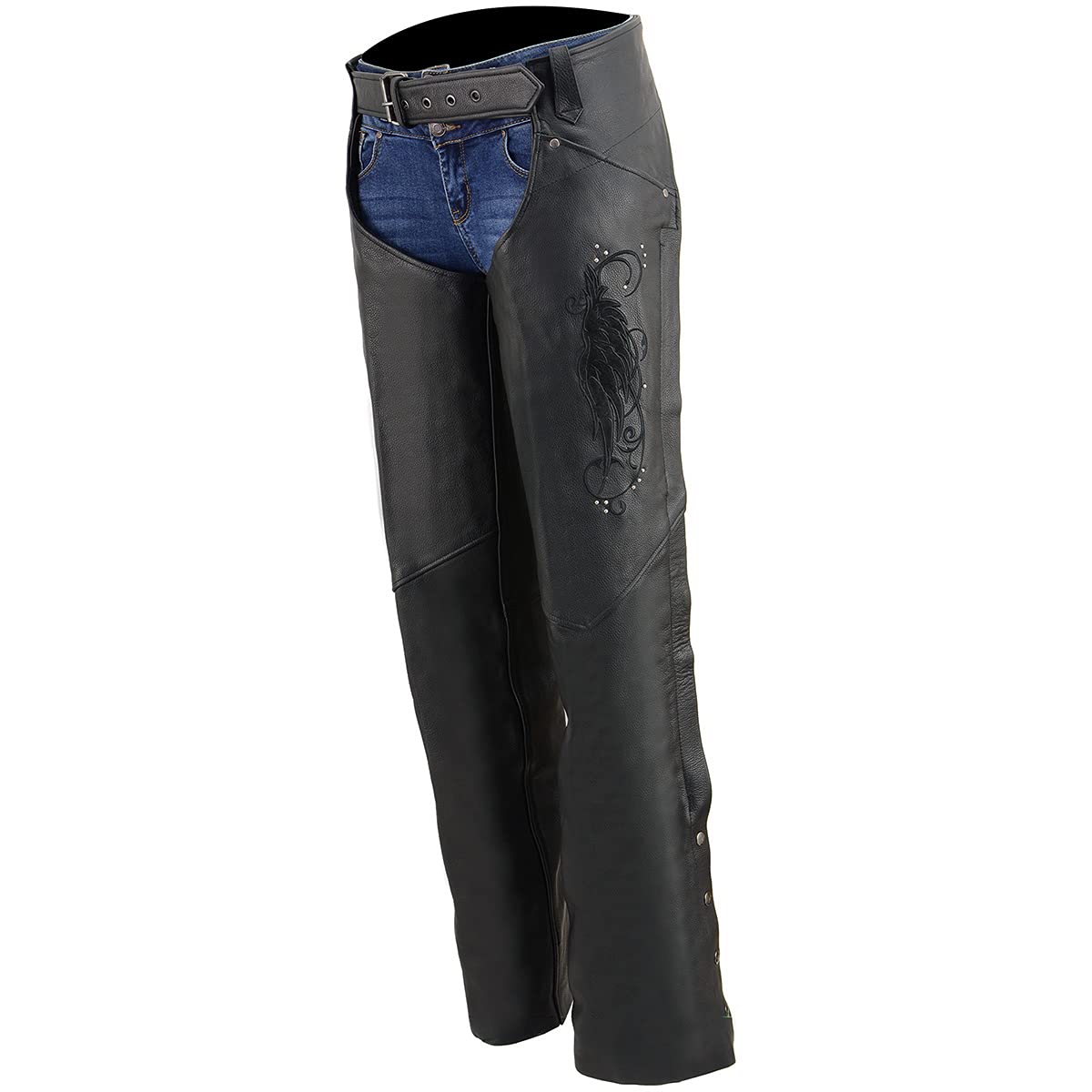 Premium Milwaukee Leather Women's Classic Black Motorcycle Chaps with Wing Embroidery ML1179 - Durable Riding Gear for Harley, Cruiser & Adventure Bikes