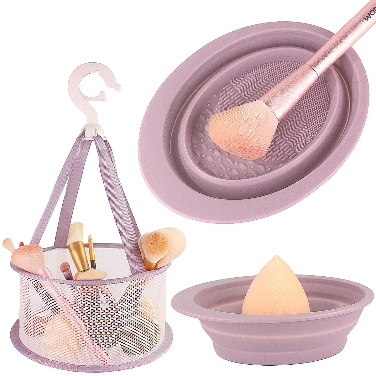 Foldable Silicone Makeup Brush Cleaning Mat with Hanging Drying Net - Portable Makeup Brush Cleaner Pad & Mesh Drying Rack for Makeup Sponges, Powder Puffs & Brushes (Purple) - Perfect for Home & Travel Makeup Brush Care