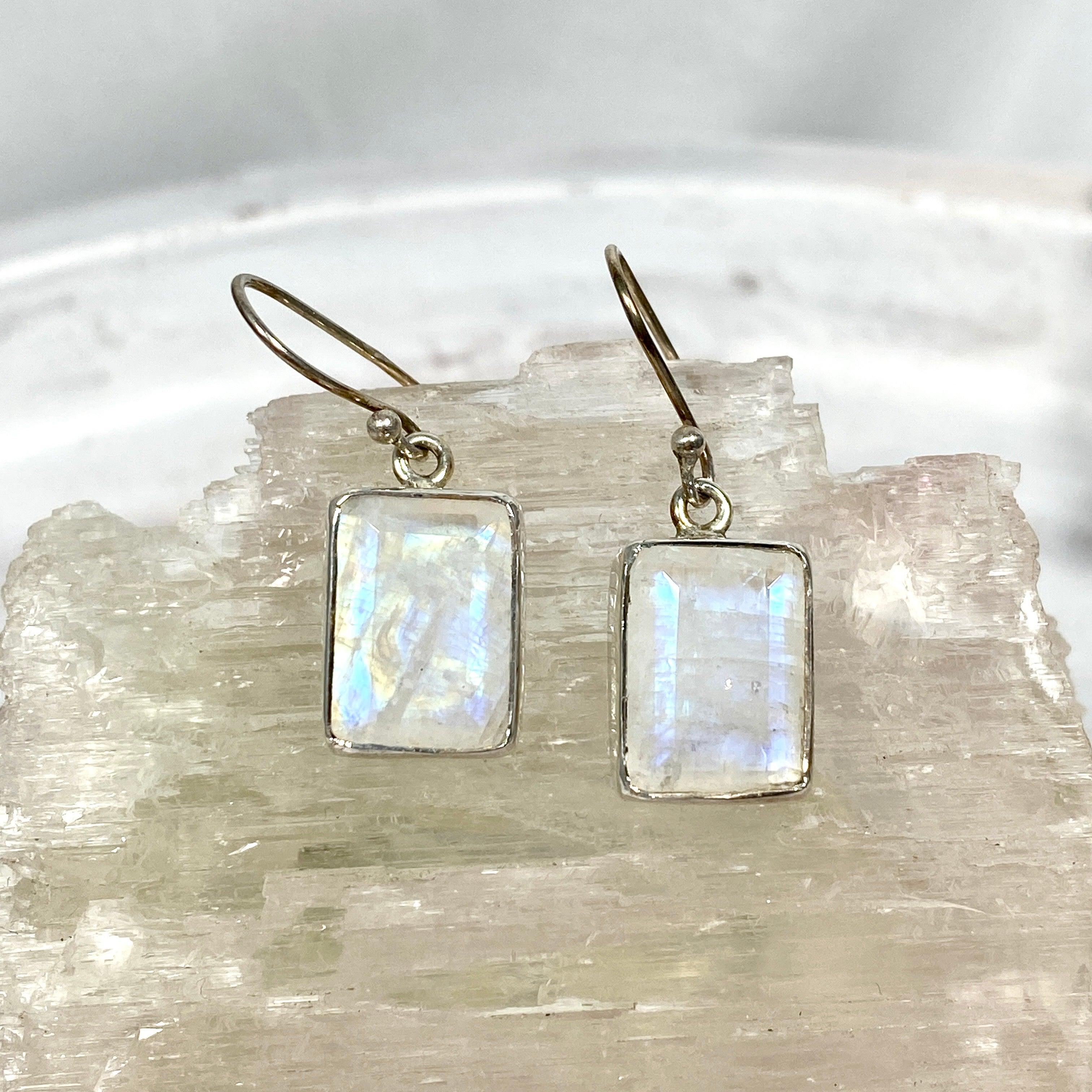 Rainbow Moonstone Faceted Rectangular Earrings for Women - Elegant Dangle Drop Jewelry for Party, Wedding & Everyday Wear - KEGJ797