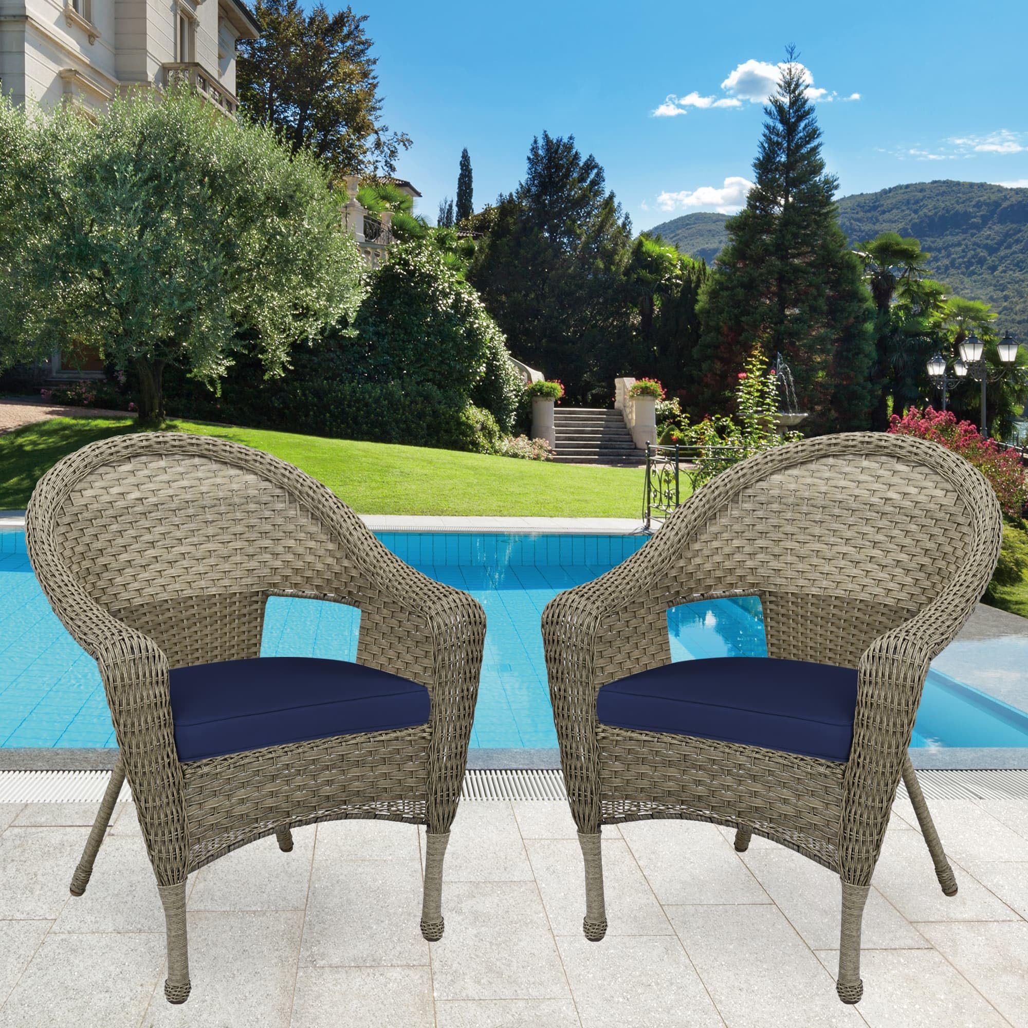 Jeco W00402G_2-FS011 Set of 2 Outdoor Resin Wicker Patio Chairs with Grey Frame & Midnight Blue Cushions - Perfect for Poolside, Garden, or Balcony Relaxation