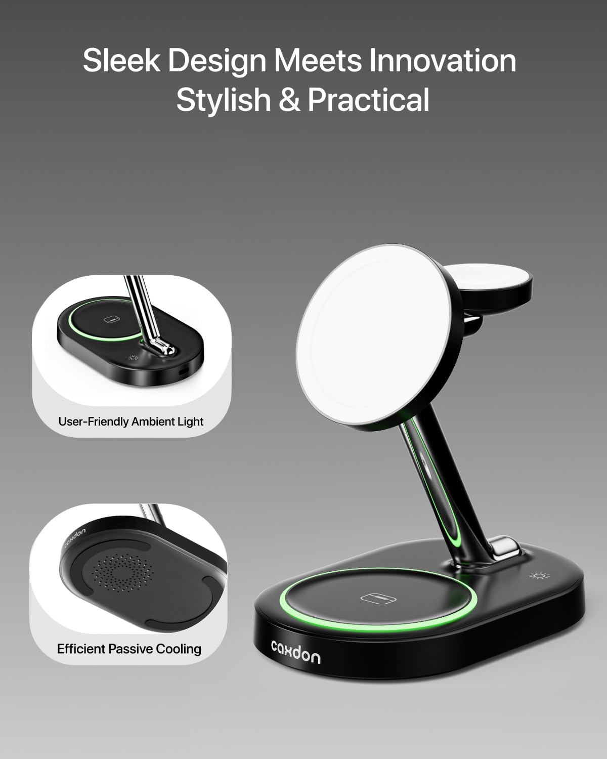Caxdon 3-in-1 Magnetic Wireless Charging Station - Fast Charger for iPhone 16/15/14/13/12, Apple Watch 10/9/8/7/6/SE/Ultra 2/1 & AirPods Pro 2/Pro/4/3/2 - MagSafe Compatible Charging Stand (Black) | Perfect for Home, Office & Travel Use
