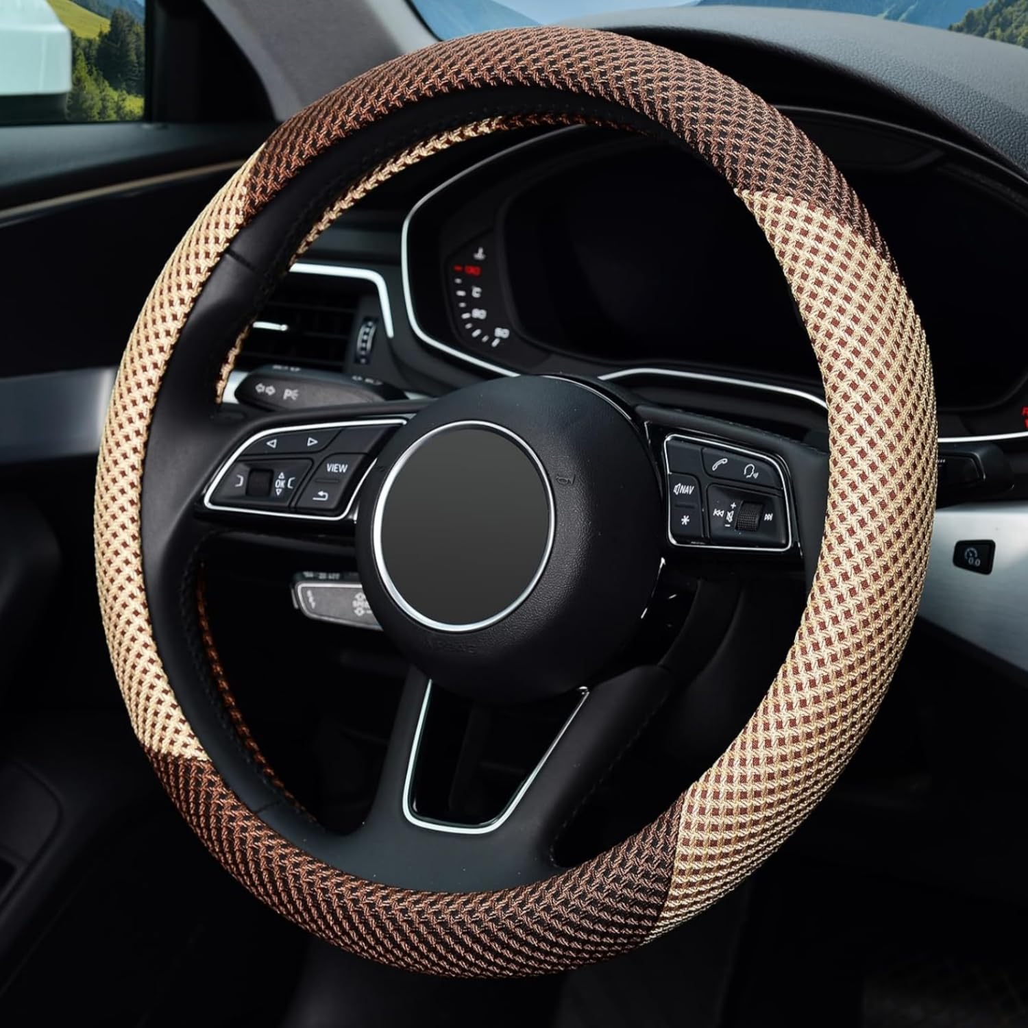 Universal 15 Inch Microfiber Steering Wheel Cover - Breathable Ice Silk Anti-Slip Car Accessory for Men & Women | Warm in Winter & Cool in Summer | Beige & Brown | Perfect for Daily Commute, Road Trips & All-Season Driving Comfort