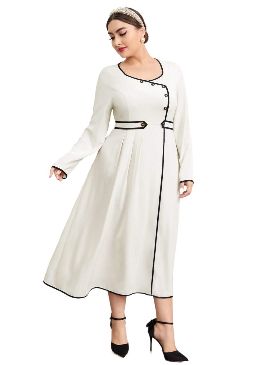INOUJEKER Women's Plus Size Pleated Contrast Binding Dress - Beige, X-Large | Elegant Office Wear & Special Occasion Outfit