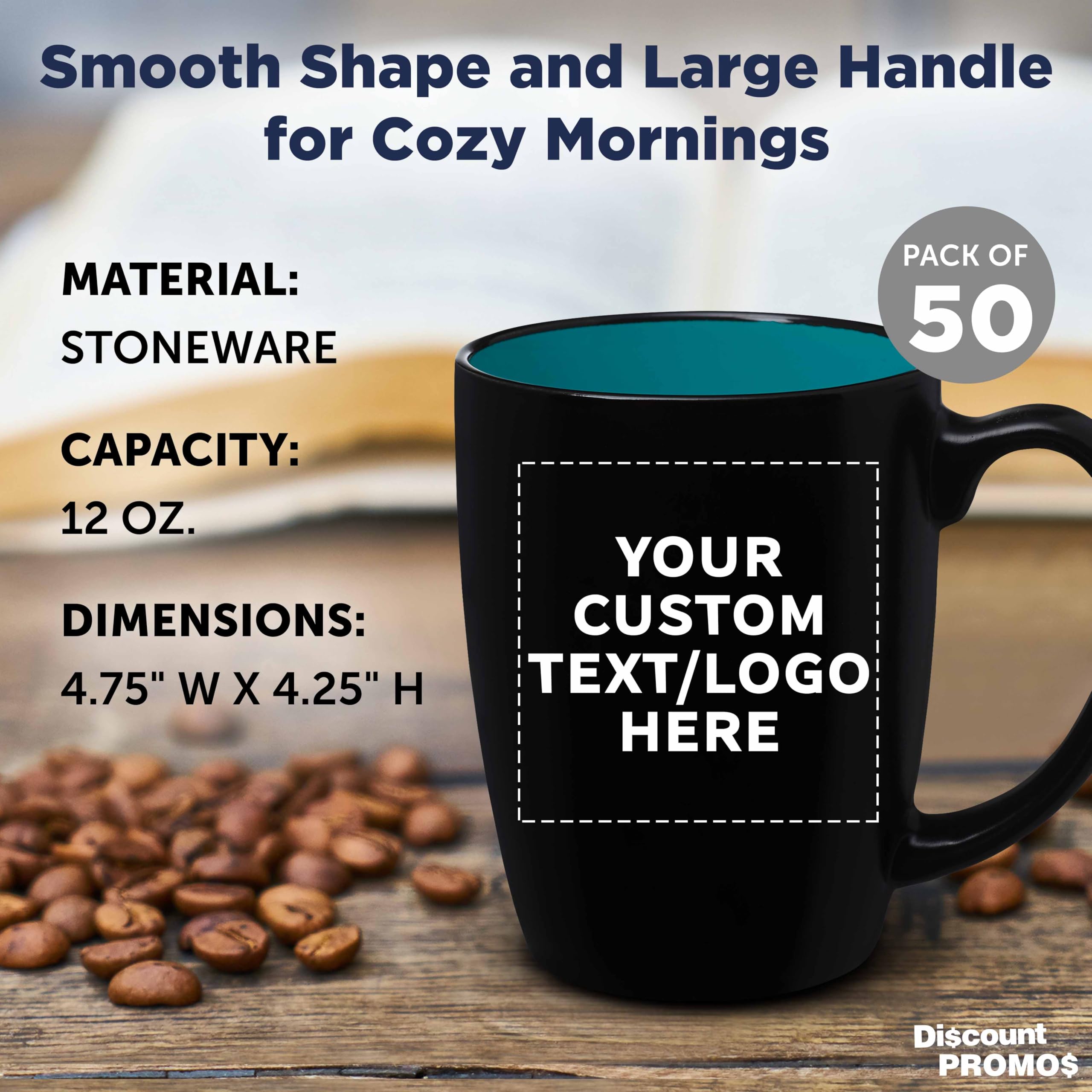 Premium 12 oz Java Two Tone Coffee Mugs Set - Customizable Text & Logo - Durable Stoneware with Easy Grip Handle - Black & Teal - Perfect for Office Gifts, Corporate Events & Home Use