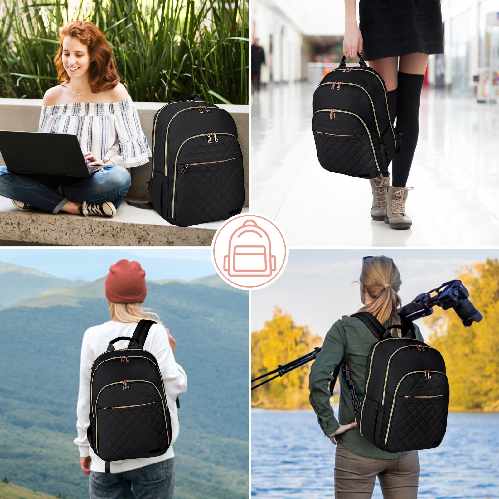 15.6 Inch Women's Travel Backpack - TSA Friendly Carry On Laptop Backpack with USB Charging Port & Headphone Jack, Waterproof College School Business Backpack (Black) - Perfect for Air Travel, Commuting & Campus Life