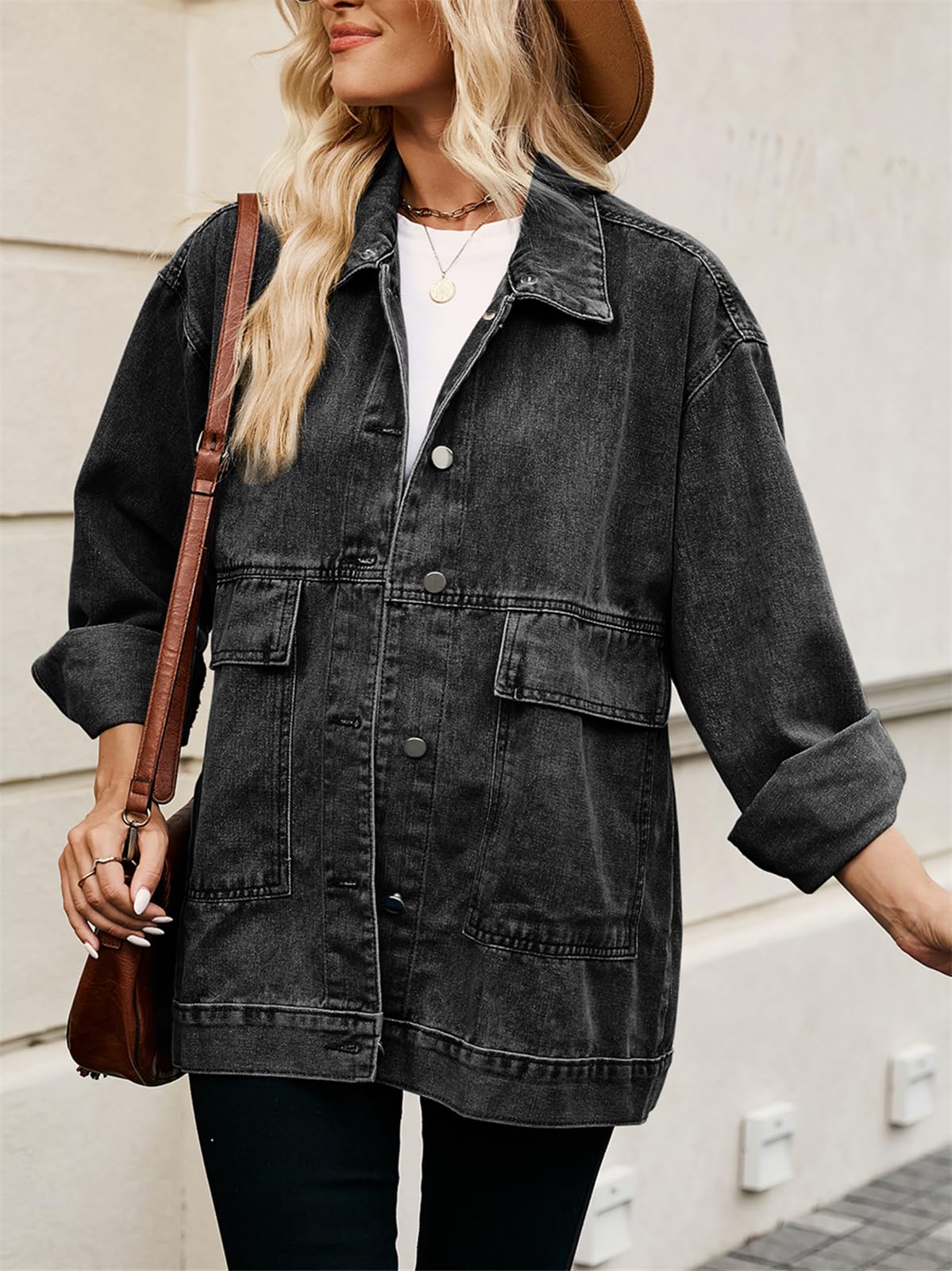PAODIKUAI Women's Vintage Oversized Denim Jacket - Long Sleeve Casual Jean Coat with Detachable Hood | Streetwear Fashion, Fall Layering, Boho Outfit Essential