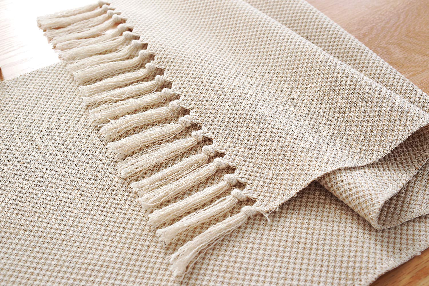 13 x 72 Inch Fall Farmhouse Cotton Linen Table Runner with Handcrafted Tassels - Rustic Jute Burlap Dining Table Decor for Thanksgiving, Christmas, Wedding & Home Decoration - Waffle Weave Design
